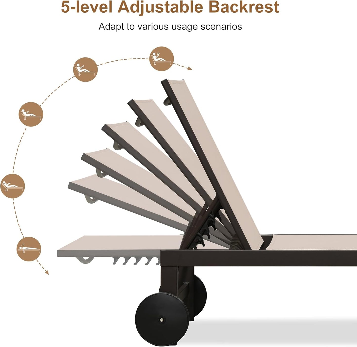 PURPLE LEAF Outdoor Chaise Lounge Chair Set of 3, Pool Lounge Chair for Outside, Aluminum Patio Chaise Lounger with Adjustable Backrest and Wheels for Deck, Outside, Lawn, Garden, Sand Beige