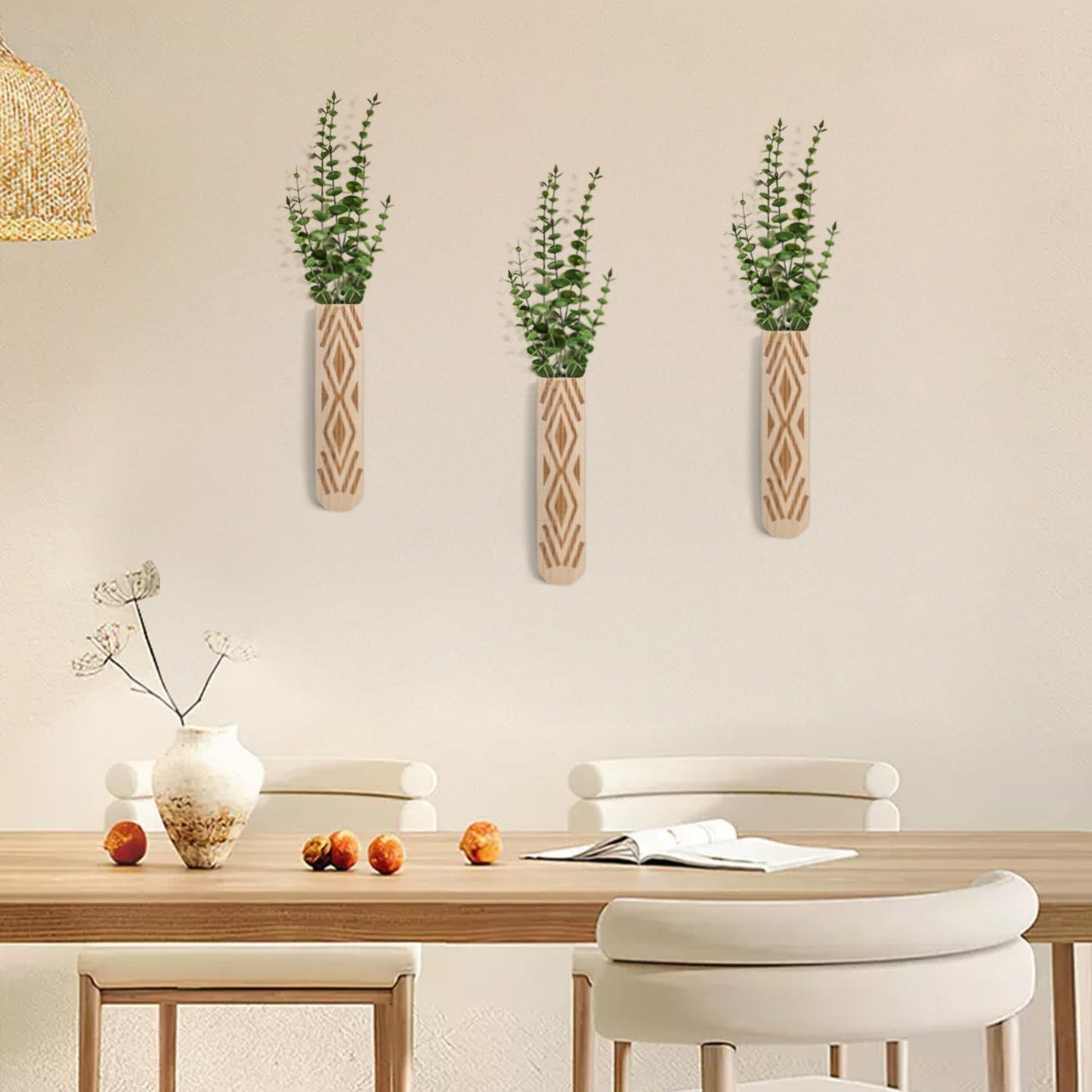 Wooden Wall Planter Set of 3 - Modern Bohemian Home Decor for Living Room, Bedroom, Bathroom - Beige Finish Planter for Dried Flowers, Faux Greenery, Indoor Plants