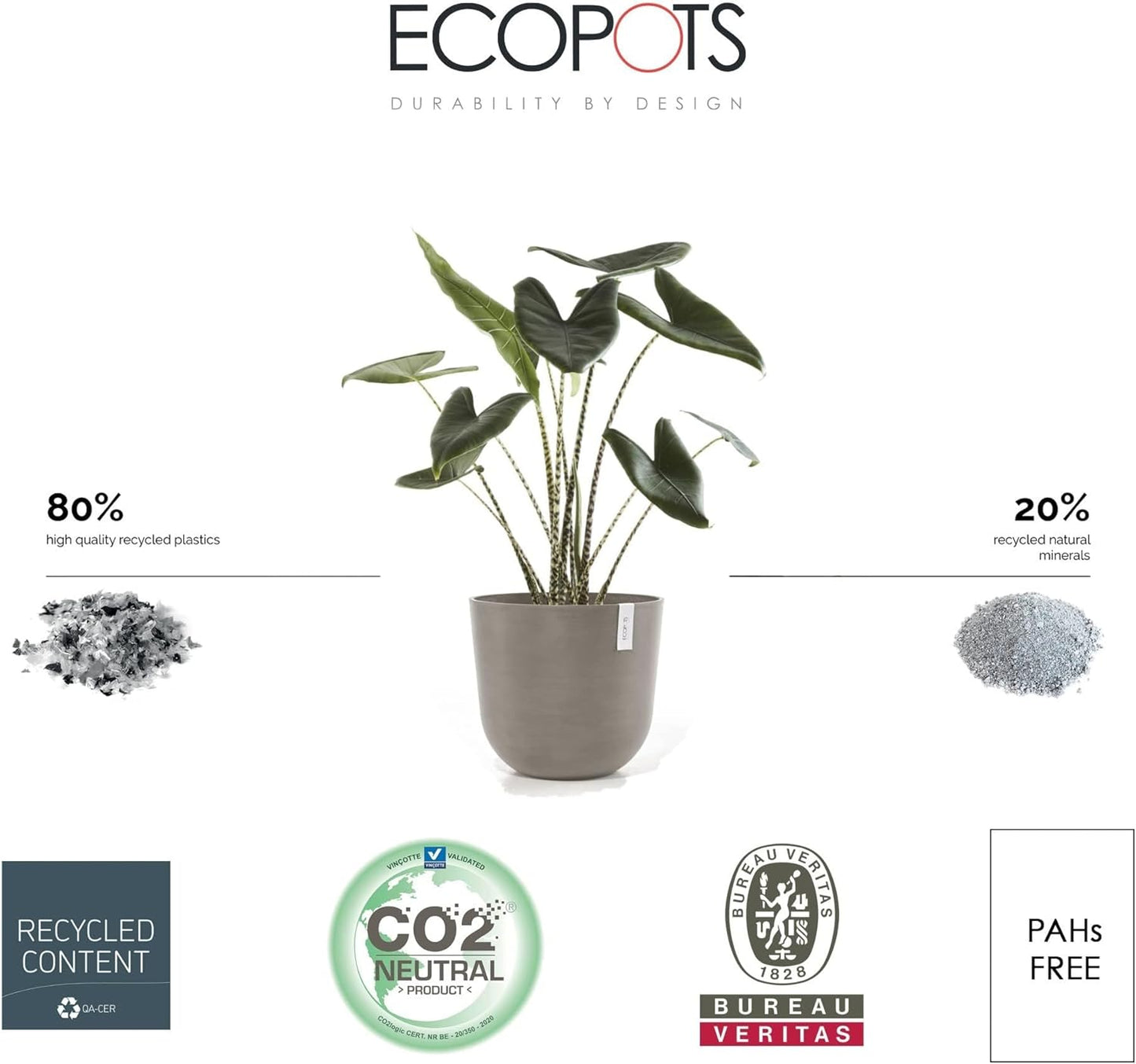 Ecopots Oslo Durable Modern Round Indoor/Outdoor Recycled-Based Composite Flower Pot Planter, Taupe, 17.75"