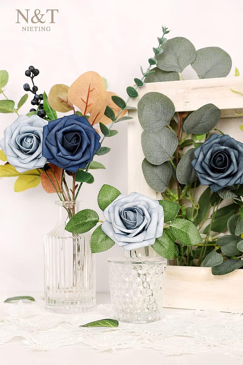 N&T NIETING Fake Roses,25pcs Artificial Flowers Dusty Blue Fake Roses Faux Flowers Fake Flowers for DIY Wedding Bouquets Centerpieces Floral Arrangements Home Decorations Shades of Navy Blue