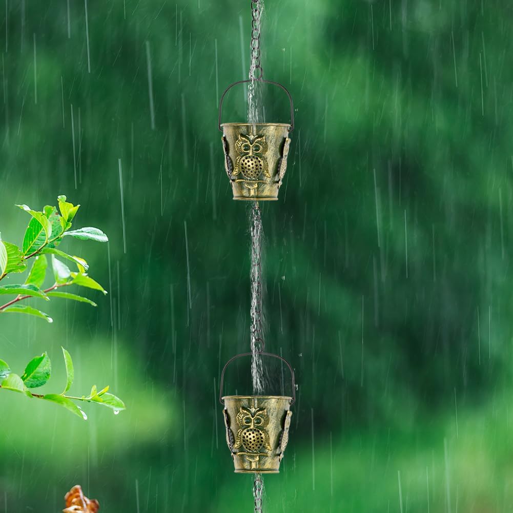 10Ft Rain Chains for Gutters, Metal Rain Catcher Chain for Eaves Drainage, 12 Cups Rain Gutter Chains with Owl Decor, Adjustable Rain Water Chain for Outdoor Decor