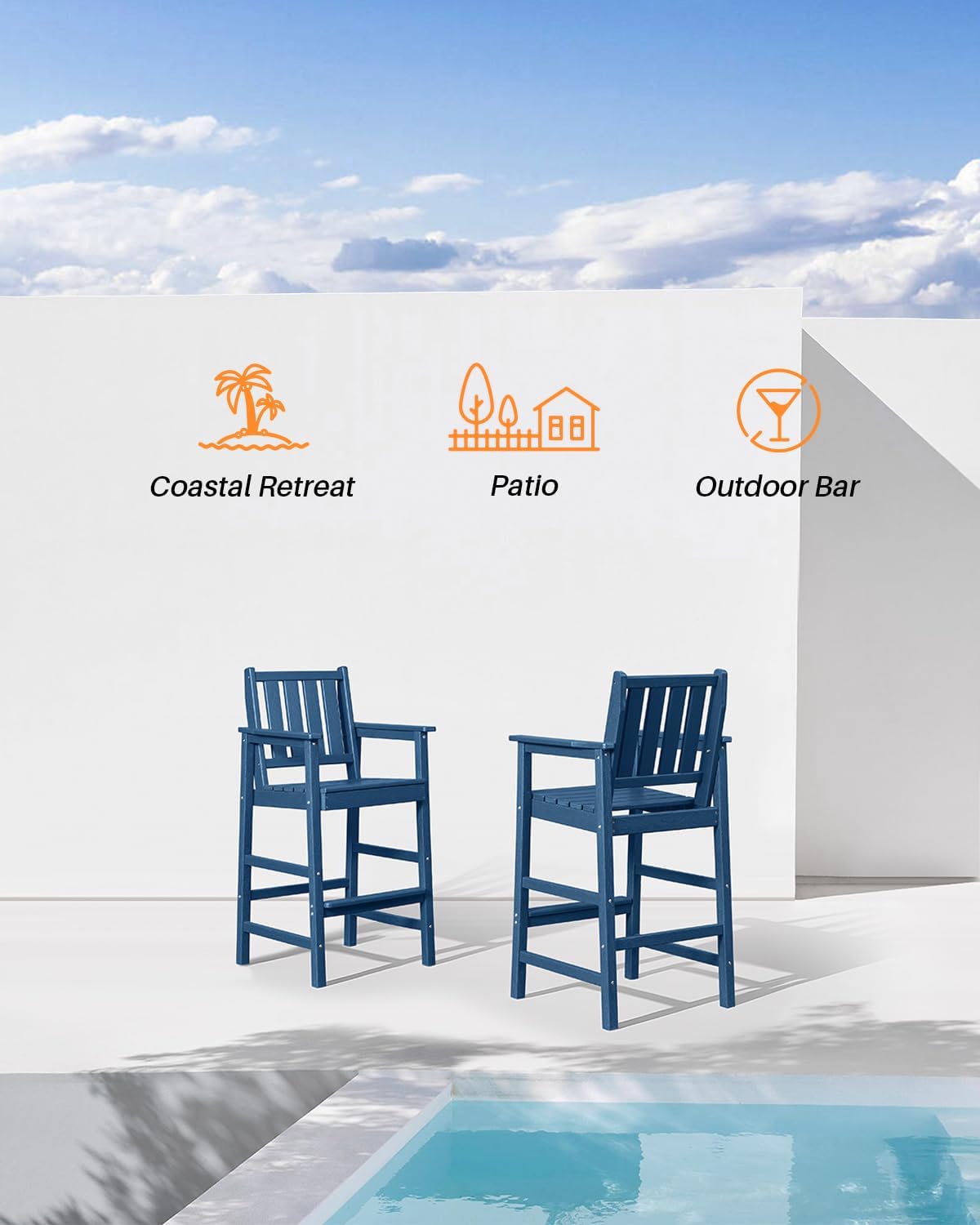 3 Pieces HDPE Outdoor Patio Bar Set, Rectangular Outdoor Bar Height Table and Chairs Set, Adirondack Patio Bar Stools Set, Outdoor Bar Table and Chairs Set for Balcony, Poolside, Porch, Navy