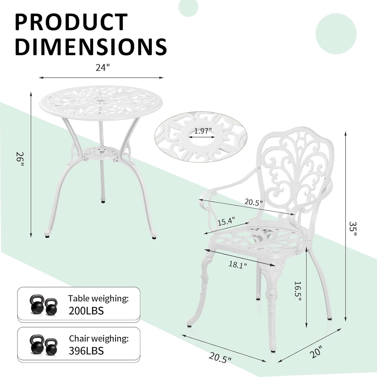 Outdoor 3 Piece Patio Set,Cast Aluminum Bistro Table and Chairs Set of 2 with Umbrella Hole, AIl-Weather Resistance Patio Bistro Set for Yard, Garden, Balcony, Black(White)