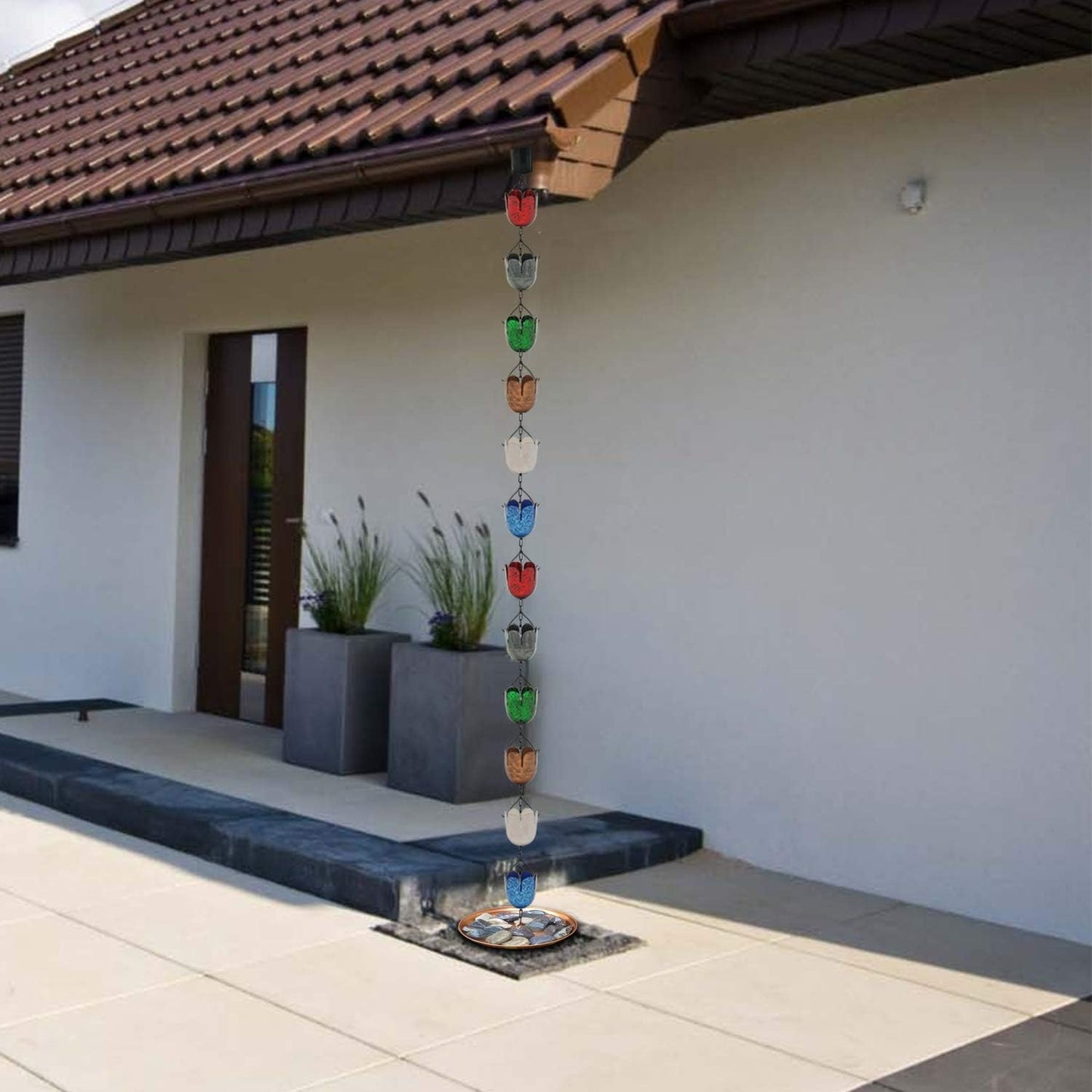 8.5FT Multicolor Rain Chains for Gutter and Rain Barrel, Rust-Resistant Plated Iron Rain Chain, Decorative and Functional Replacement for Downspouts or Gutters, W/Gutter Adapter (2 x 6color Cups)