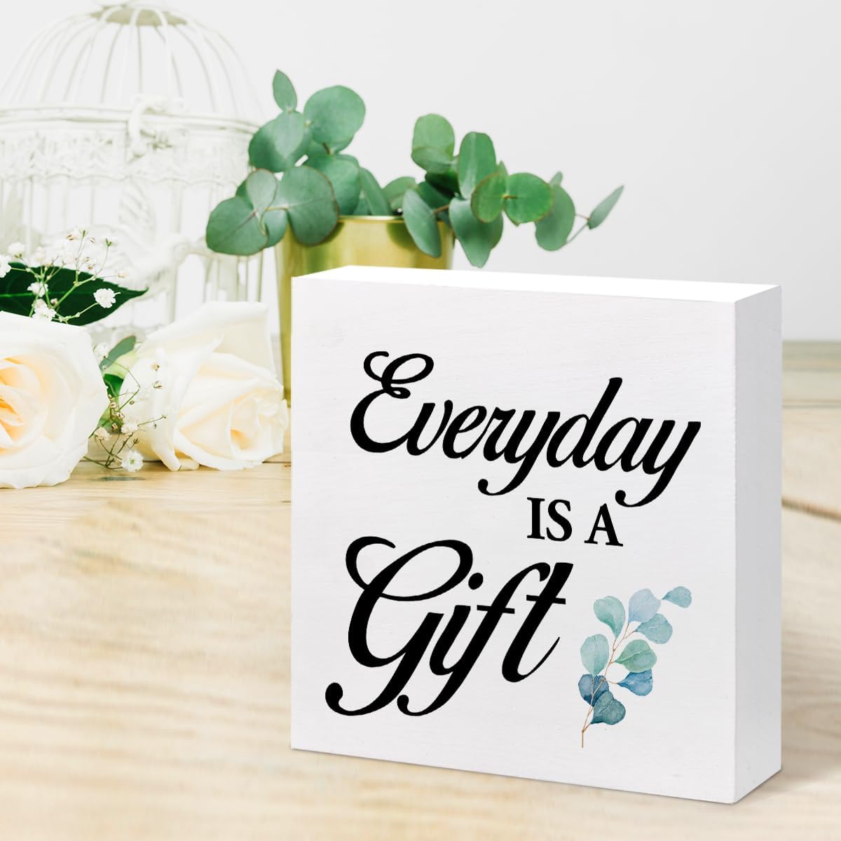 z-crange Everyday is a Gift Wood Block Sign, Rustic Inspirational Wooden Box Plaque for Home Dining Room Office Shelf Table Decor
