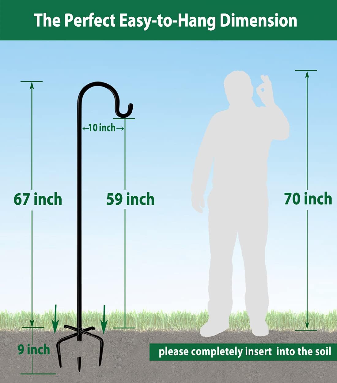 Artibear Adjustable Outdoor Shepherd Hook Stand with 5 Prong Base, 76 Inches Tall 3/5 in Thick, Shiny Black (1 Packs)