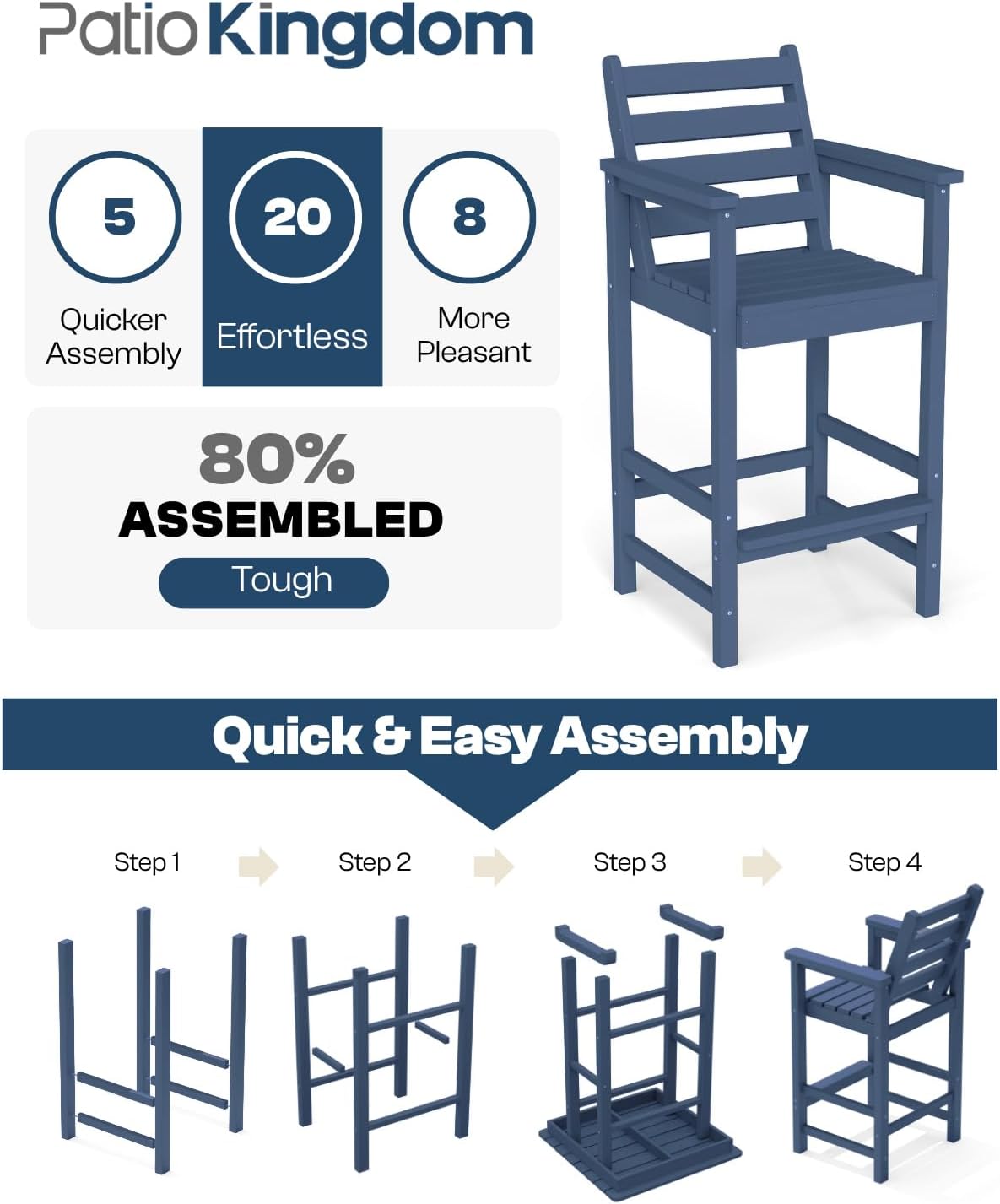 Outdoor Bar Set, 3-Piece HDPE Balcony Set with 2 Tall Adirondack Chairs and Bar Table, All-Weather Bar Height Stools for Patio, Backyard, Poolside (Navy Blue)