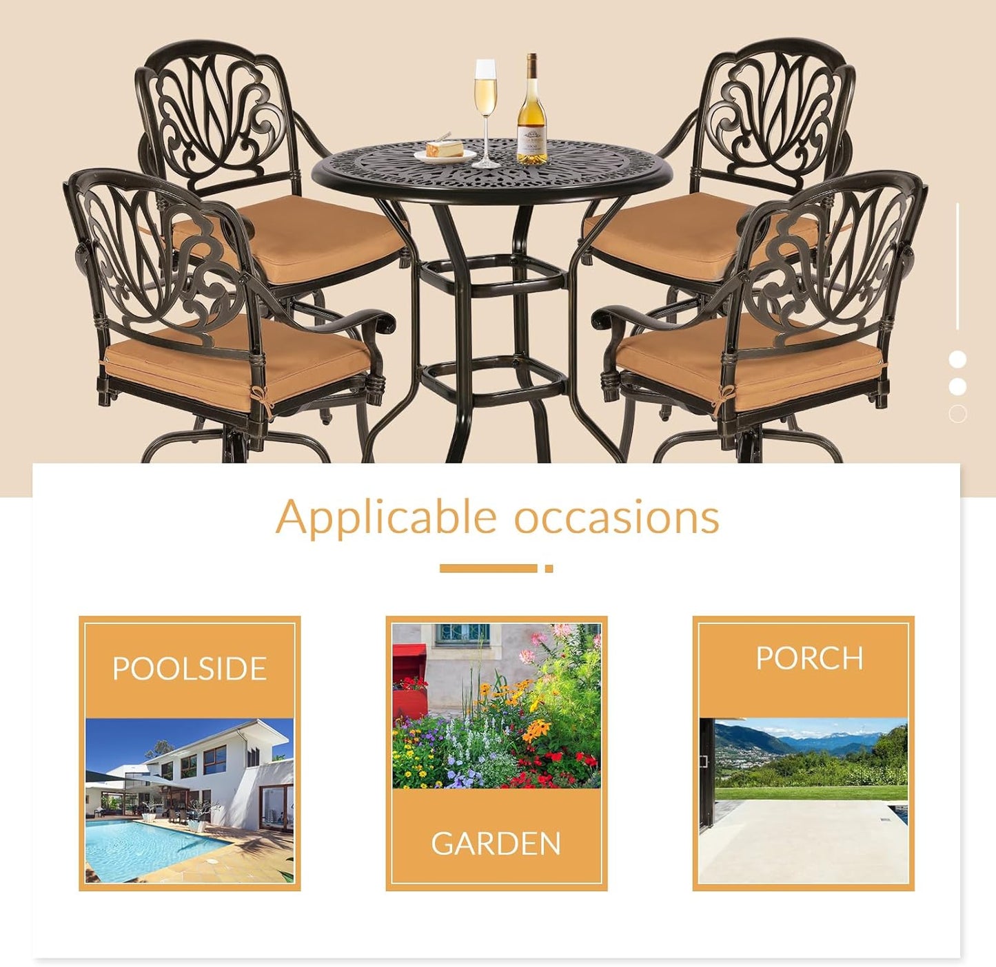 5 Pieces Patio Swivel Bar Set, Patio Bar Table and Chairs Set, All-Weather Cast Aluminum Outdoor Swivel Bar Stools of 4 and 35.4" Bar Height Table, High Top Bistro Set for Deck, Pool, Garden