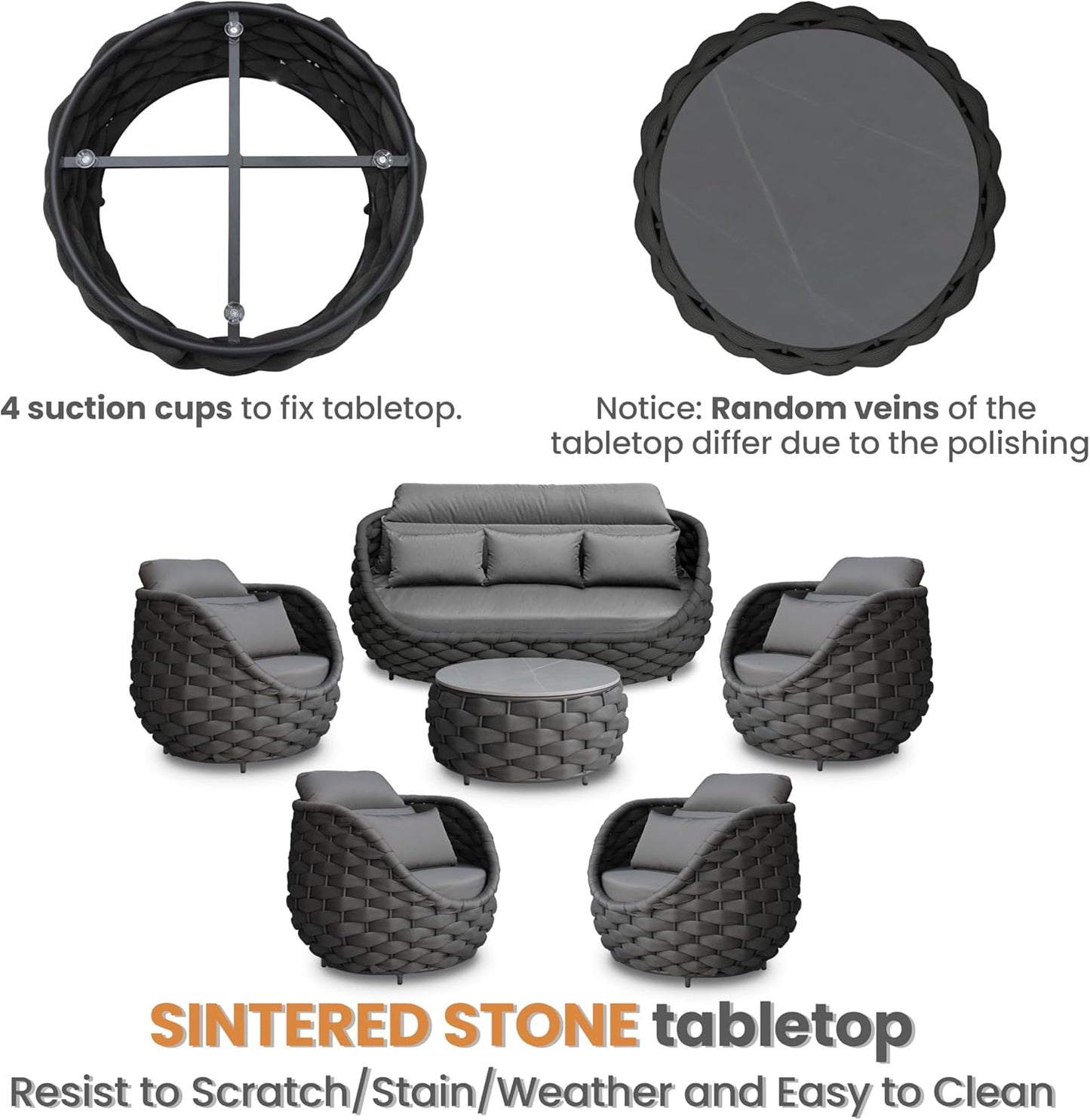 6 Pieces Rope Patio Furniture Set: Aluminum Outdoor Couch Set Cushioned - Assembled Porch Conversation Sofa Set Modern - Metal Patio Seating for 7 Person Deck Garden Poolside Hotel, Dark Gray