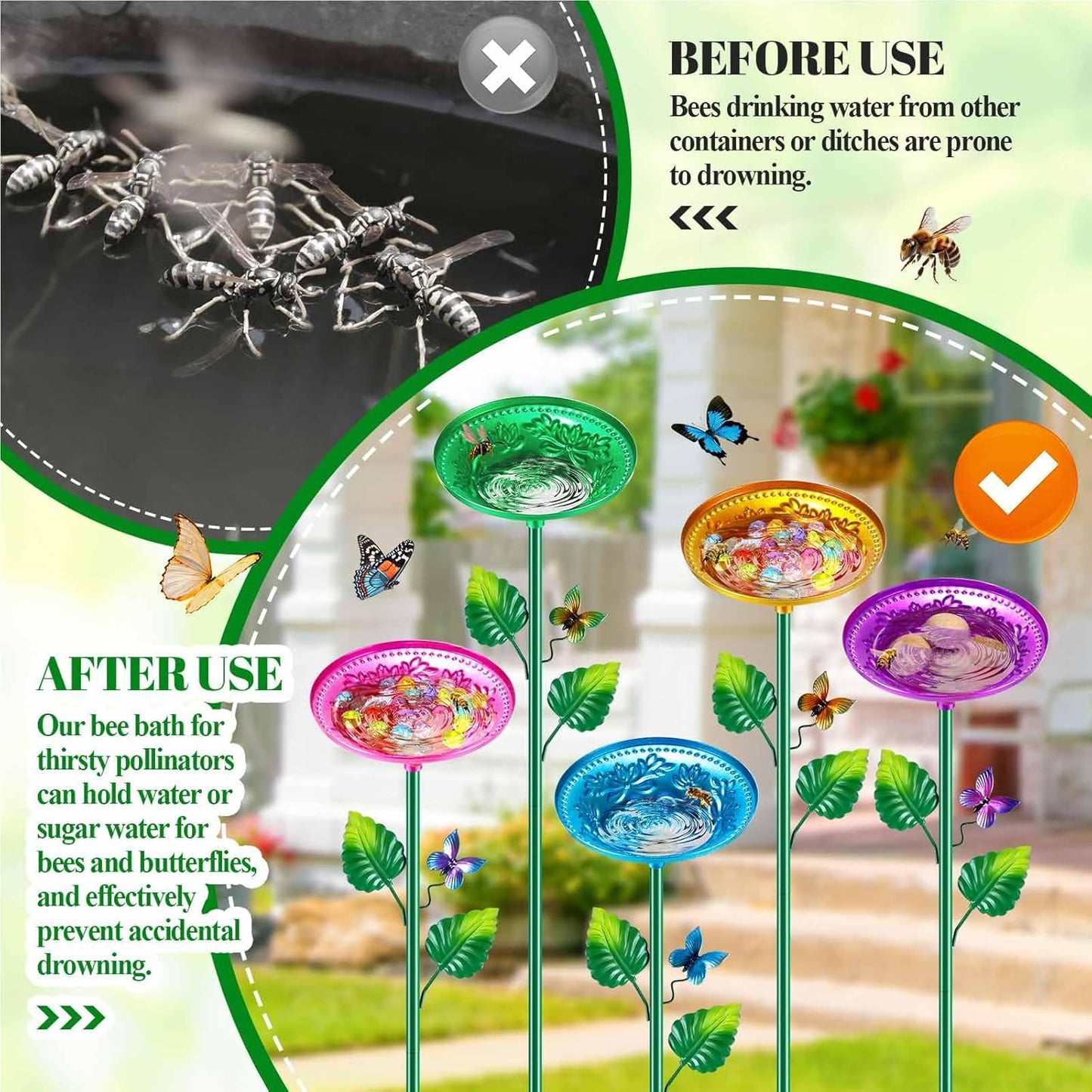 5 Pack Bee Watering Station, Bee Bath for Garden Metal Bee Butterfly Feeder, Colorful Flower Shape Bee Watering Cup Bowl Bee Waterer for Outdoor Outside Yard Decor Pollinator Watering