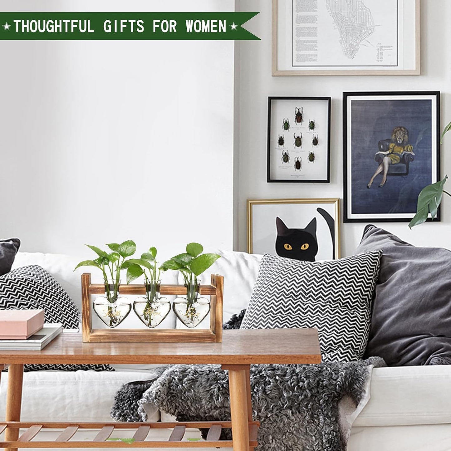 Plant Terrarium Propagation Stations Faith Hope Love Hydroponics Home Garden Decoration Gift for Women with Wooden Stand Heart Shaped Colored Glass Vase