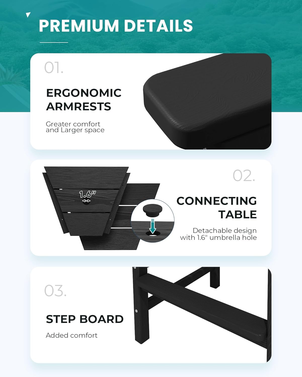 SERWALL Tall Adirondack Chairs Set of 2 with Connecting Table, All Weather Outdoor Barstools, Black