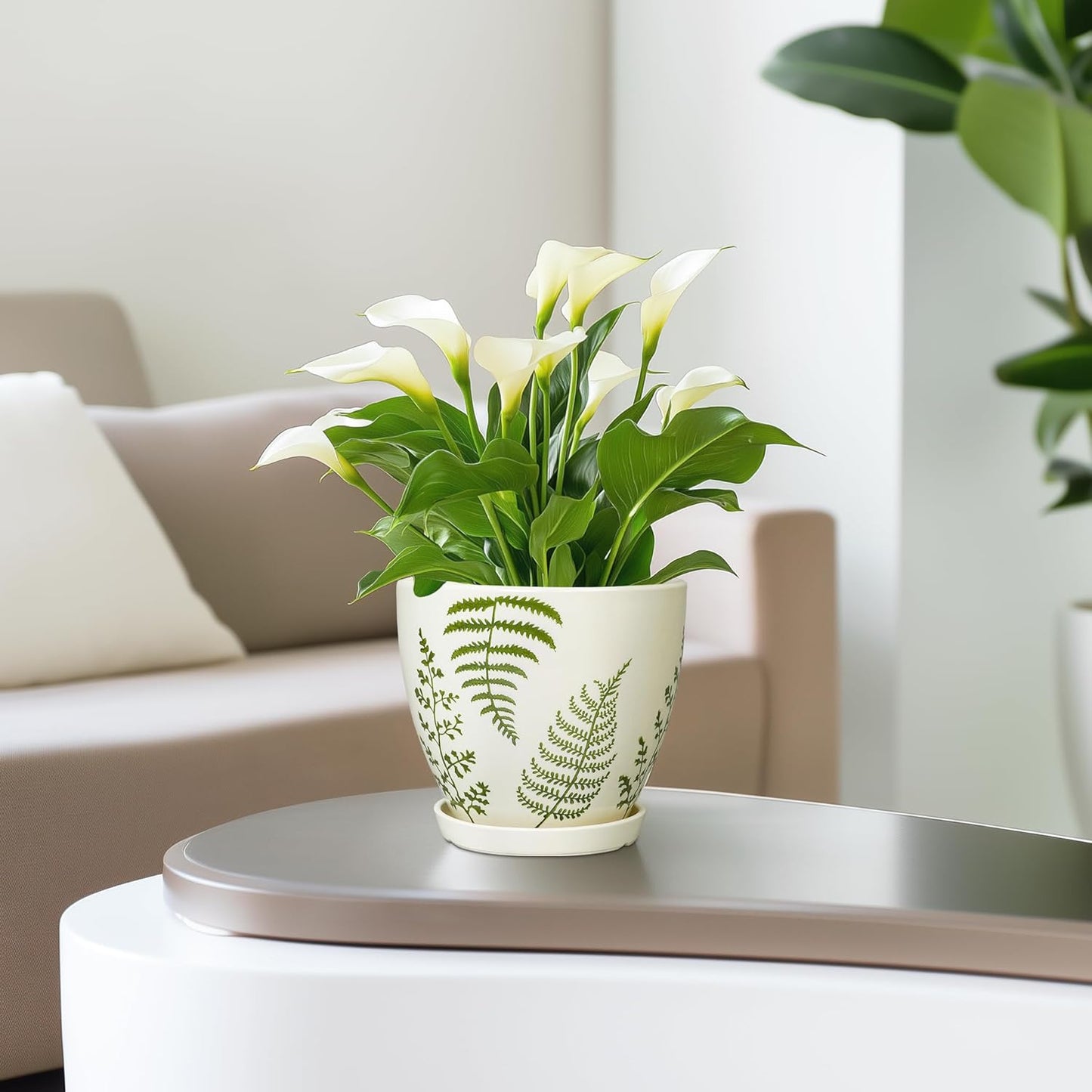 Ceramic Pot for Plants - 6.8 Inch Plant Pot Indoor with Drainage Hole and Saucer, Boho Round Planter for Indoor Outdoor Flowers, Gardening Gifts for Women Men, Garden Home Office Decor, White