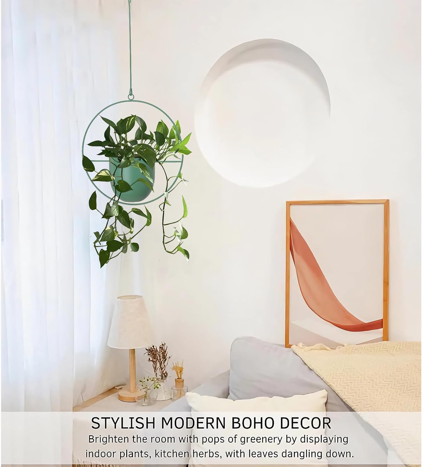 Metal Hanging Planter for Indoor Outdoor Plants Wall and Ceiling Hanging Basket for Vines Ferns Modern Minimalist Plant Hanger Room Window Decor(Green)