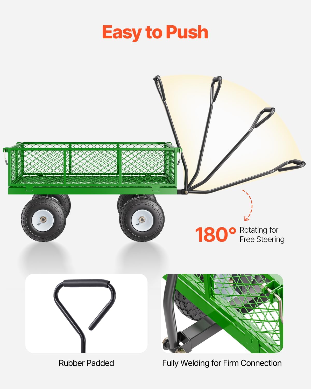 VEVOR 900 Lbs Steel Garden Cart on Wheels, Heavy Duty Pullable Garden Wagon Yard Cart, Outdoor Metal Utility Wagon with 10" Tires and Mesh Removable Sides(Convert to Flatbed), and 180°Rotating Handle