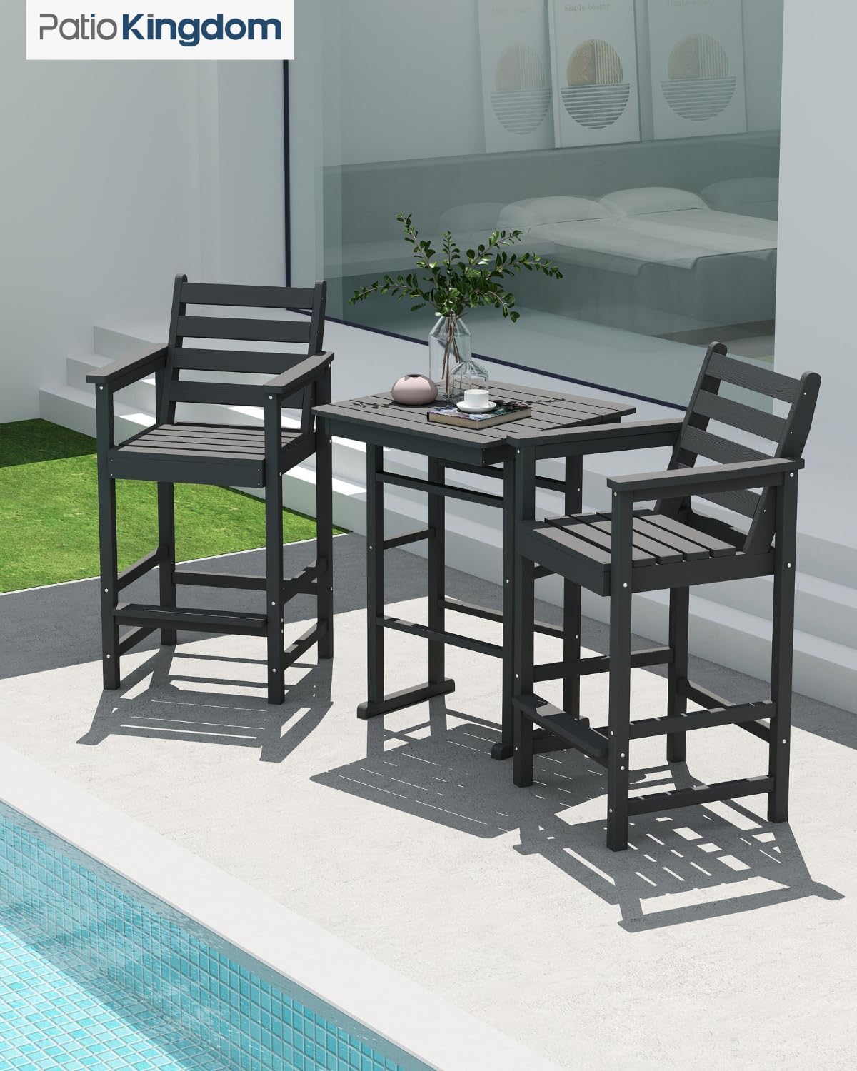 Outdoor Bar Set, 3-Piece HDPE Balcony Set with 2 Tall Adirondack Chairs and Bar Table, All-Weather Bar Height Stools for Patio, Backyard, Poolside (Grey)