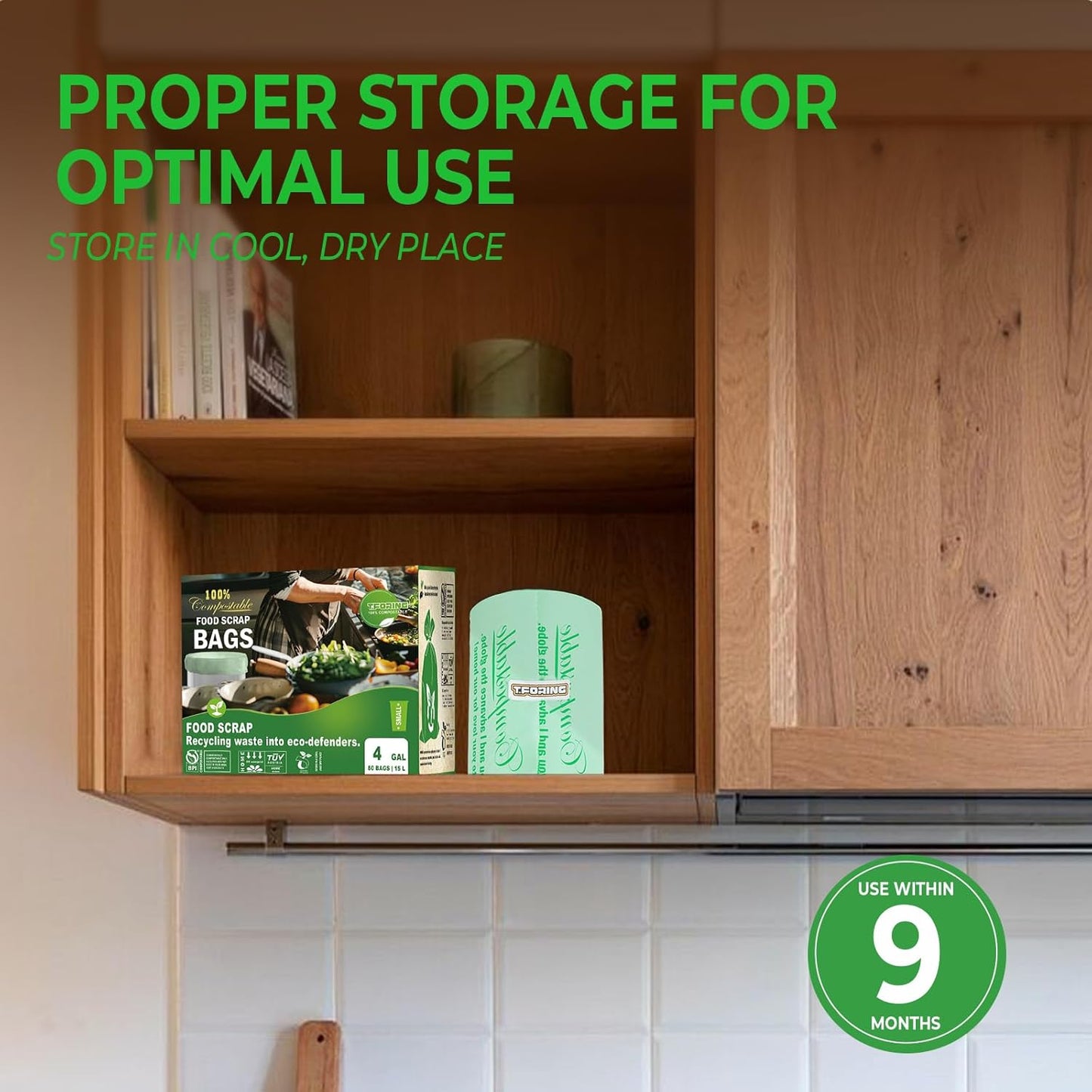 Compostable Trash Bags, 3-4 Gallon, 15 L, 80 Count, Extra Thick 0.8 Mil, Small Kitchen Food Scrap Waste Bags, ASTM D6400, US BPI, CMA and Europe OK Compost HOME Certified