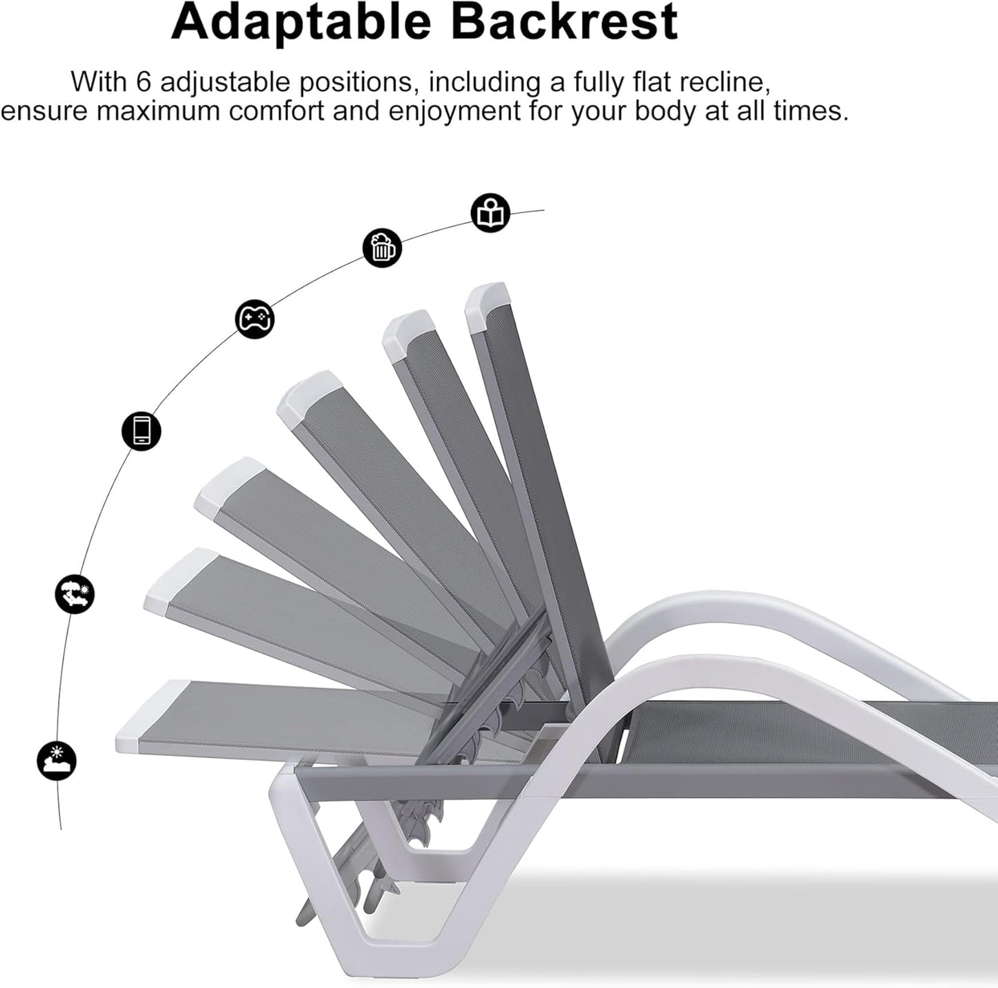 PURPLE LEAF Patio Chaise Lounge Chair Outdoor Plastic Textilene Sun Bathing Recliner Tanning Pool Lounger with 6 Adjustable Position for Outside Beach in-Pool Lawn Poolside, Gray