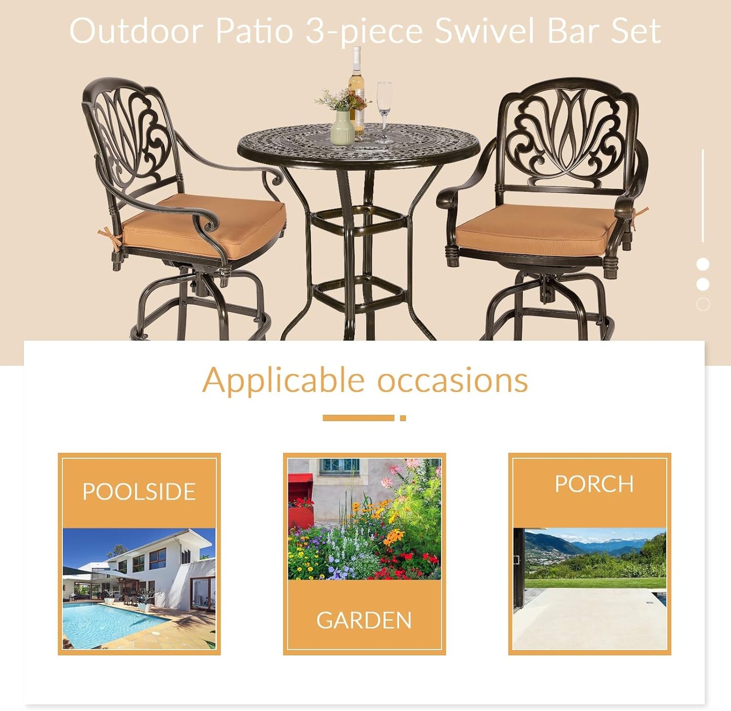 3 Pieces Patio Swivel Bar Set, Patio High Top Bar Table and Chairs Set, All-Weather Cast Aluminum High Swivel Bar Stools Chair Set of 2 and 38.5" Table, Patio Bistro Set for Garden,Balcony