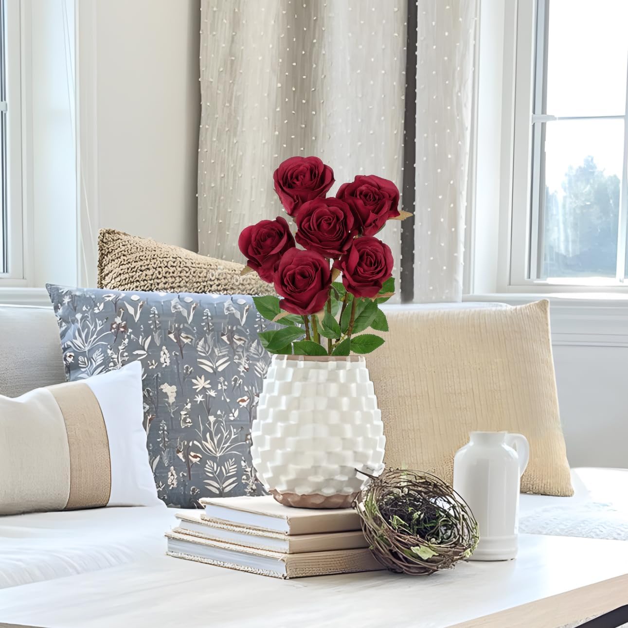 Briful Roses Artificial Flowers– 6PCS 18.9" Burgundy Rose Silk Flowers with Long Stems Realistic Fake Rose Bouquet for DIY Wedding Arrangements Table Vase Centerpieces Home Event Decor