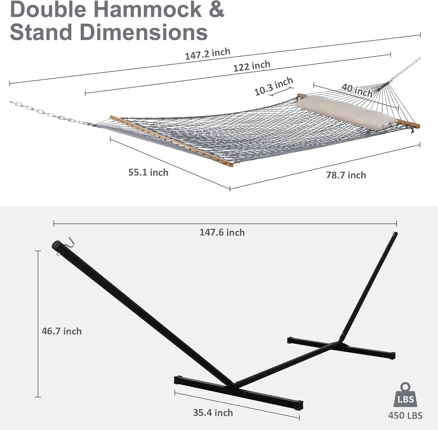 SUNCREAT Rope Hammock with Stand Included, Portable Double Hammock with Soft Pillow, Gray