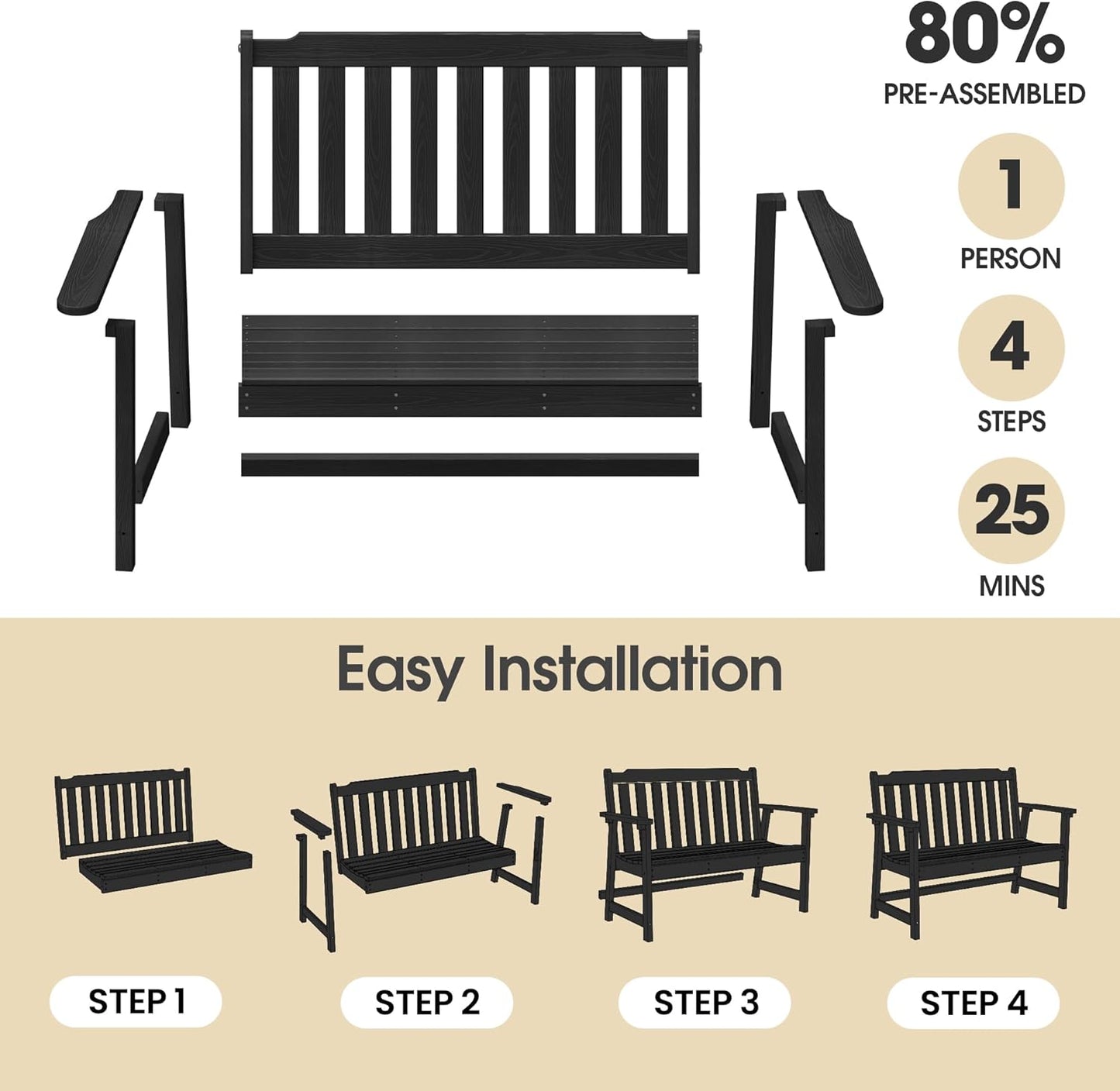 Ciokea 46" Heavy Duty Outdoor Bench, HDPE Weatherproof Garden Benches, Durable 2-Person Porch Benches with 660 Lbs, Waterproof Patio Bench for Outside Balcony Deck Backyard, Black