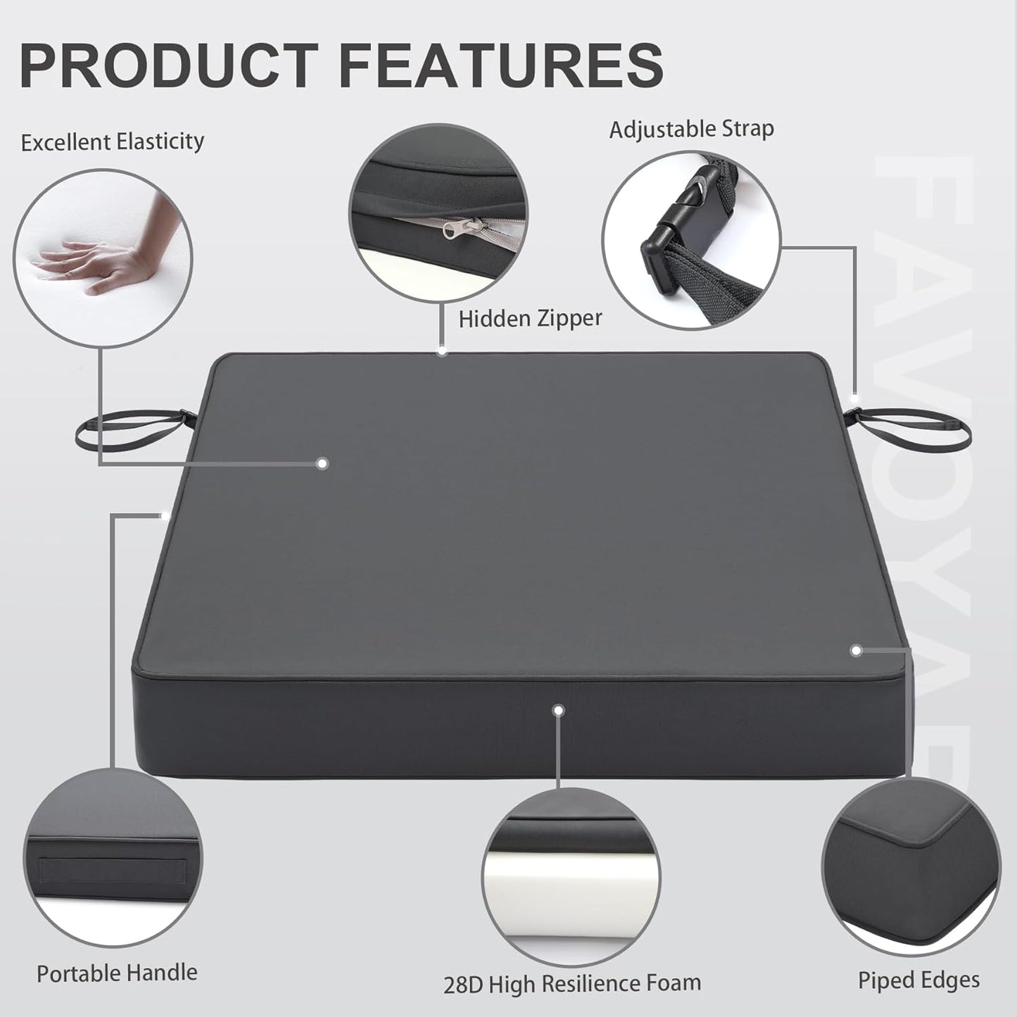 Favoyard Patio Chair Cushions 18.5 x 16 x 3 Inch Waterproof Outdoor Seat Cushions for Patio Furniture 3-Year Color Fastness Garden Sofa Couch Pads with Handle & Adjustable Straps Set of 2, Dark Grey