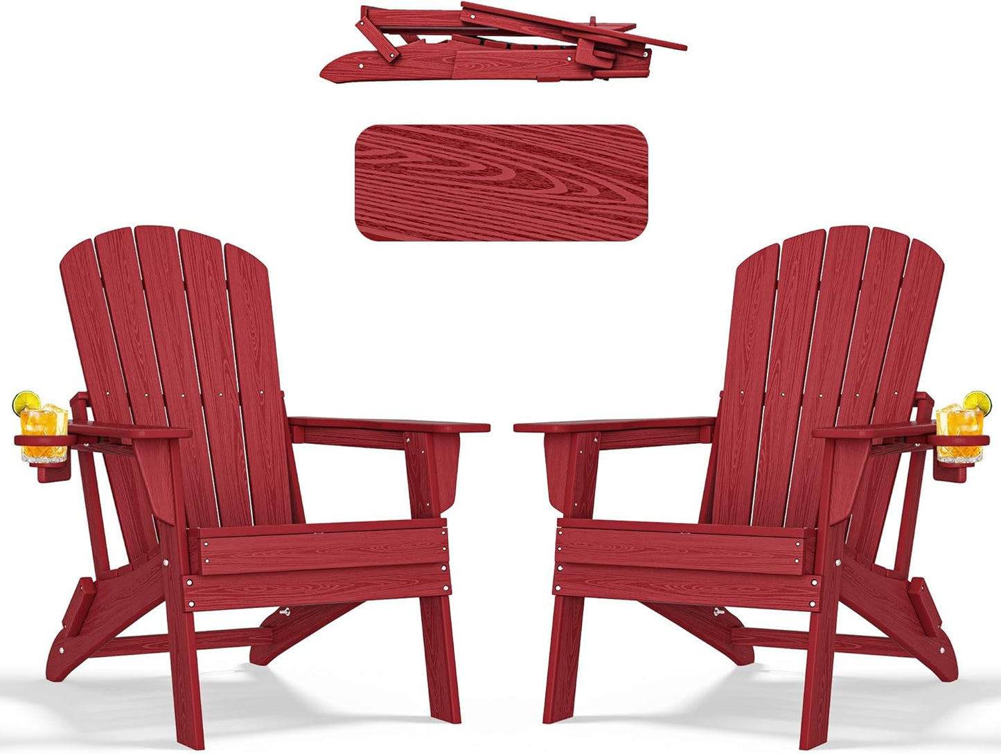 Folding Adirondack Chair with Cup Holder Set of 2,HDPE All-Weather Patio Chairs,Plastic Outdoor Chairs- Looks Exactly Like Real Wood- Red