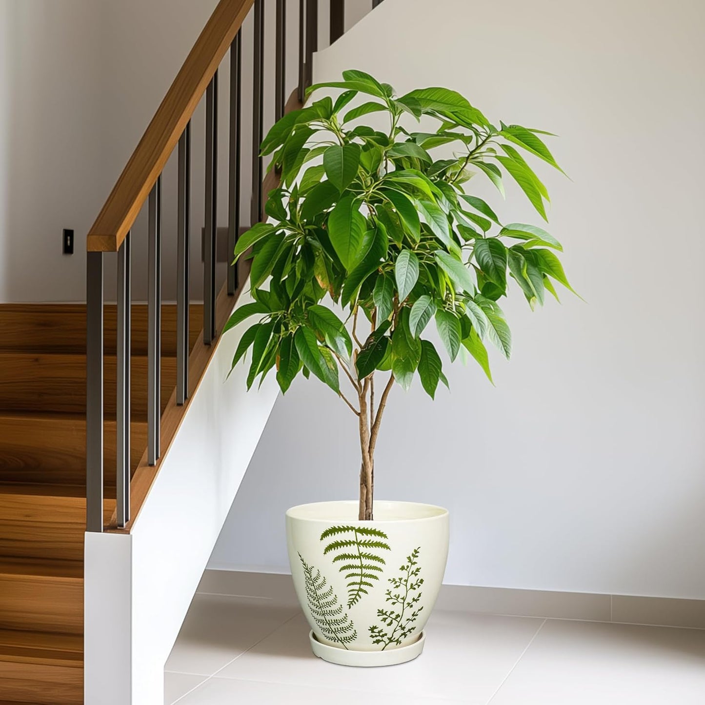 Ceramic Planter - 10 Inch Plant Pot for Outdoor Flowers with Drainage Hole and Saucer, Boho Round Decorative Indoor Flower Pot, Gifts for Plants Lovers, Home Patio Garden Room Decor, White