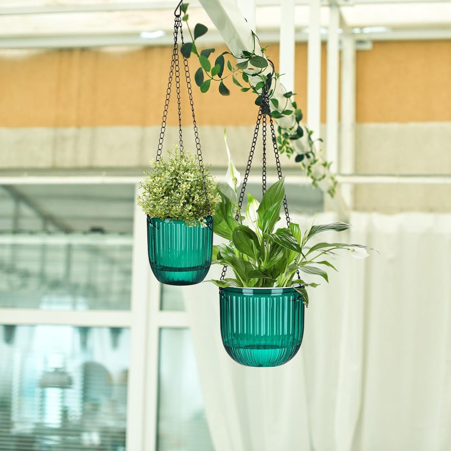Maxcheck 4 Pcs Self Watering Hanging Planters Indoor Gift 6.5'' 4.5'' Hanging Flower Pots Baskets Outdoor Self Watering Plant with 3hooks Drainage Holes for Home(Emerald)