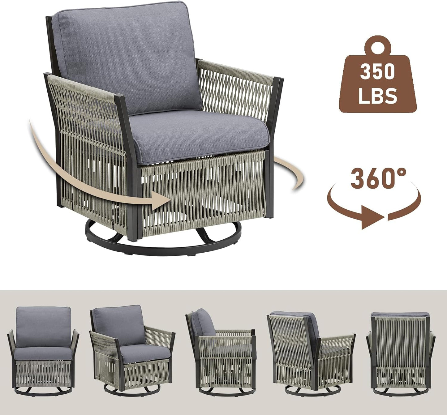 Patio Furniture Wicker Outdoor Conversation Set, 9-Piece All Weather Patio Furniture Rattan Swivel Rocking Chairs w/Ottomans, Side Table for Backyard, Balcony, Deck, Dark Grey