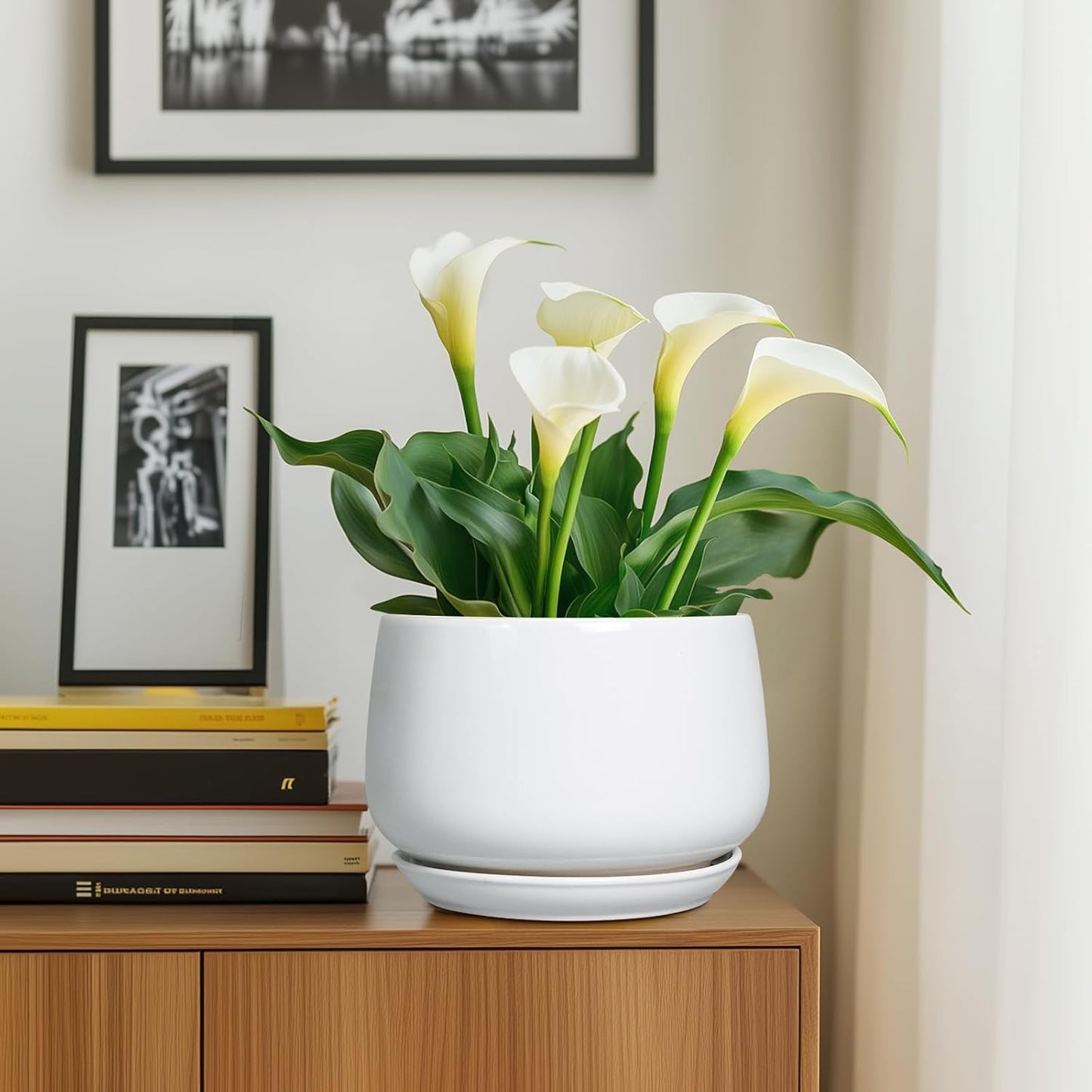 G EPGardening Ceramic Planter 9 Inch - Plant Pots with Drainage and Ceramic Saucer, Flower Pots for Indoor Plants, Modern Outdoor Planter, Living Room Decor, Gifts for Plant Lovers, White