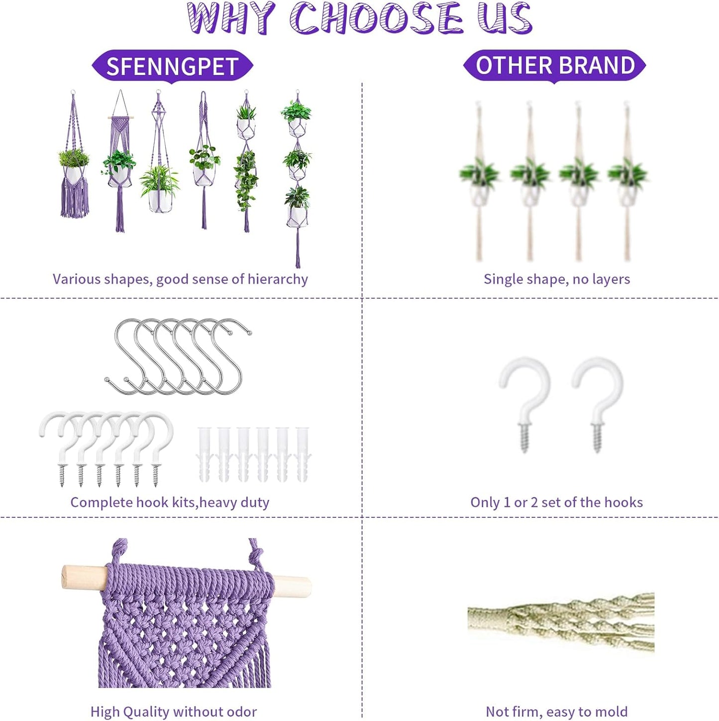 Macrame Plant Hangers, 6Pack Hanging Planters for Indoor Plants w/ 6 Set Hangers Kit Handmade Macromay Plant Hangers Indoor Flower Pots Holder Stand for Boho Home Décor (POTS NOT Included)