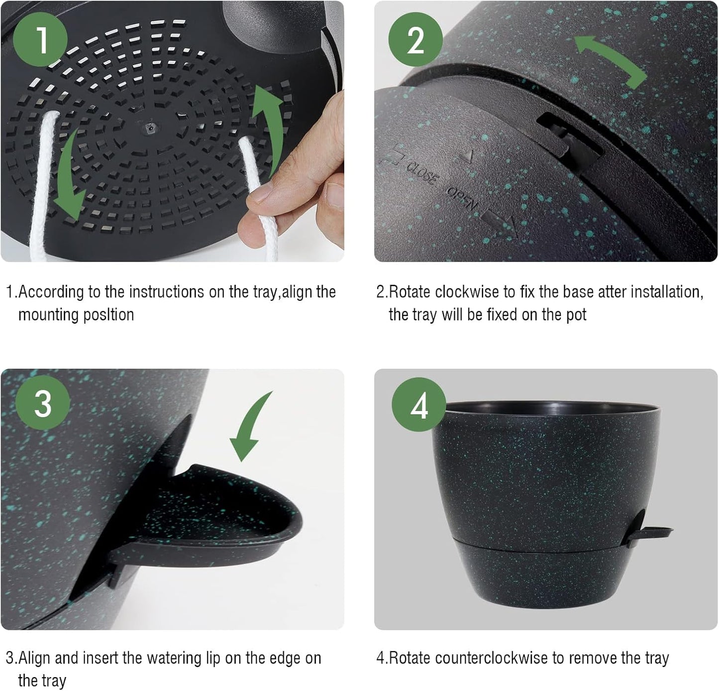 WOUSIWER 10 inch Self Watering Planters, 2 Pack Large Plastic Plant Pots with Deep Reservior and High Drainage Holes for Indoor Outdoor Plants and Flowers, Speckled Black with Green