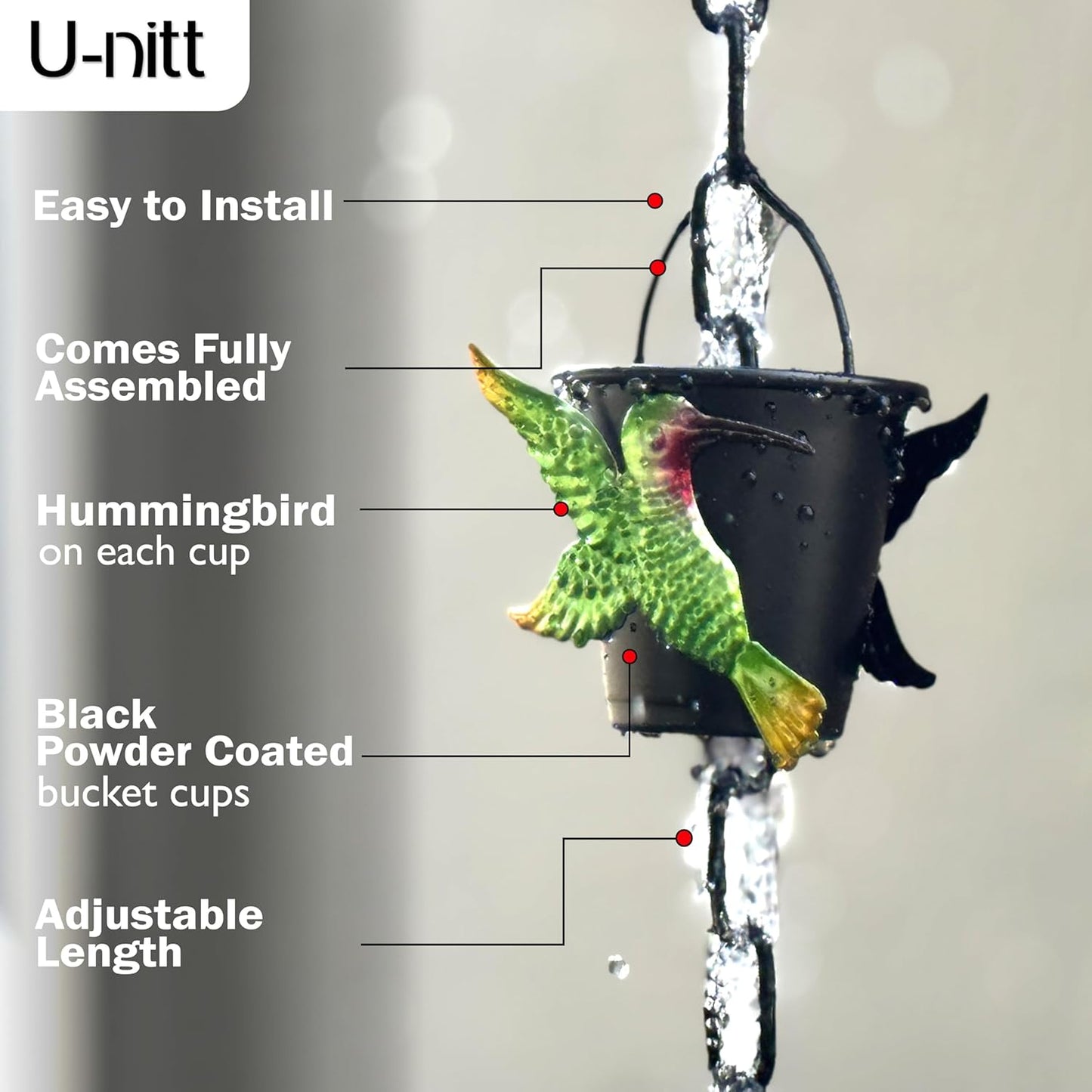 U-nitt Rain Chain Water Collection for Gutters, Rainwater Catcher & Diverter, 8.5 FT Chains for Outside Garden, Bird Bucket Cups, Roof Downspout, Works with Heavy Rain, w/Gutter Clip for Rainchains