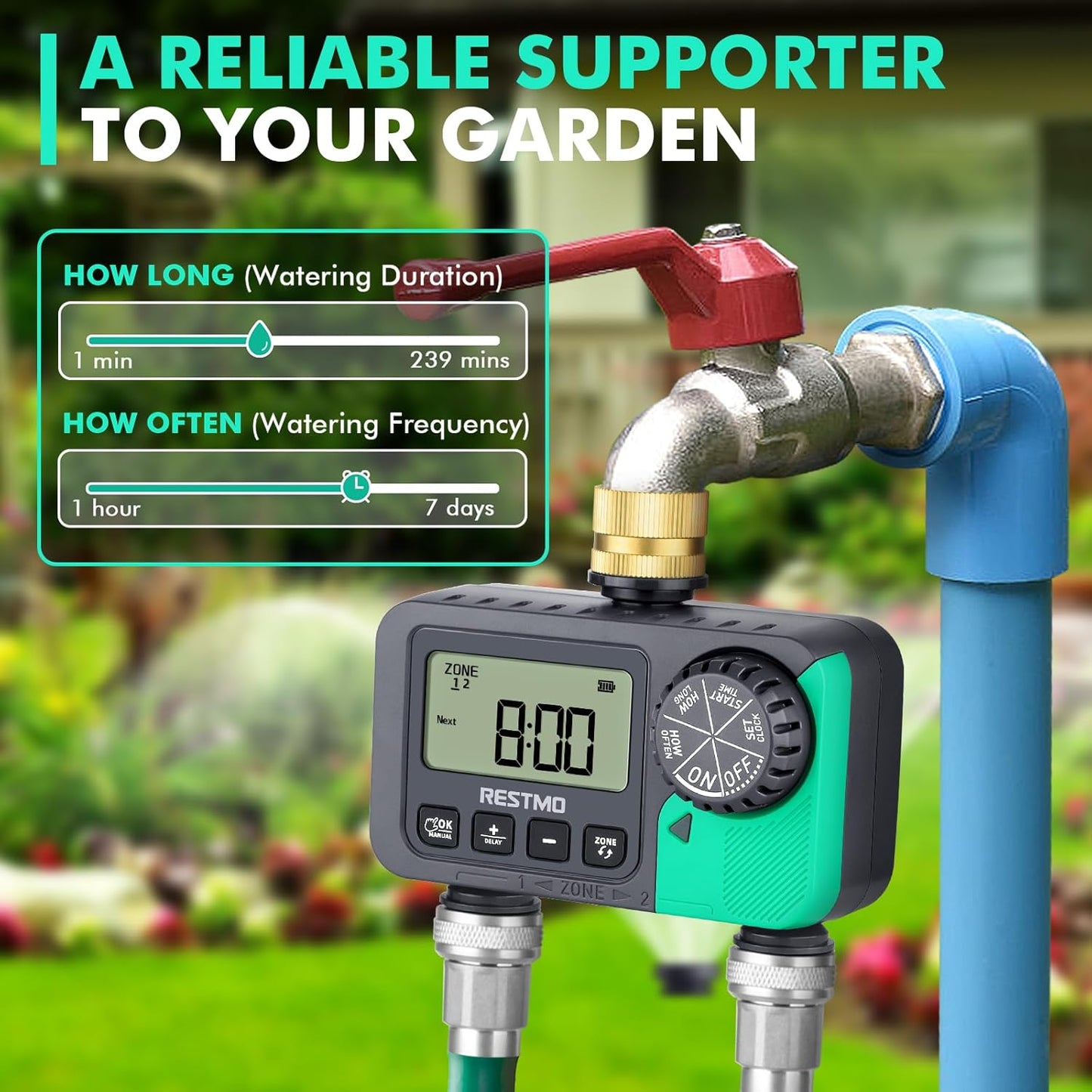 RESTMO Water Timer for Garden Hose, Sprinkler Timer with Brass Inlet, Automatic Digital Control | Manual ON/Off | Rain Delay, for Outdoor Faucet, Drip Irrigation and Lawn, 2 Outlet