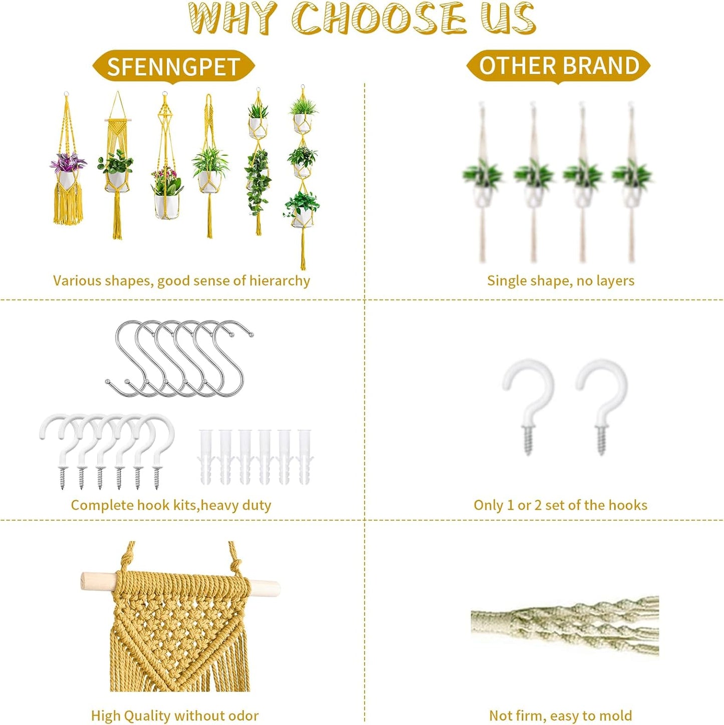 Macrame Plant Hangers, 6Pack Hanging Planters for Indoor Plants w/ 6 Set Hangers Kit Handmade Macromay Plant Hangers Indoor Flower Pots Holder Stand for Boho Home Décor (POTS NOT Included)