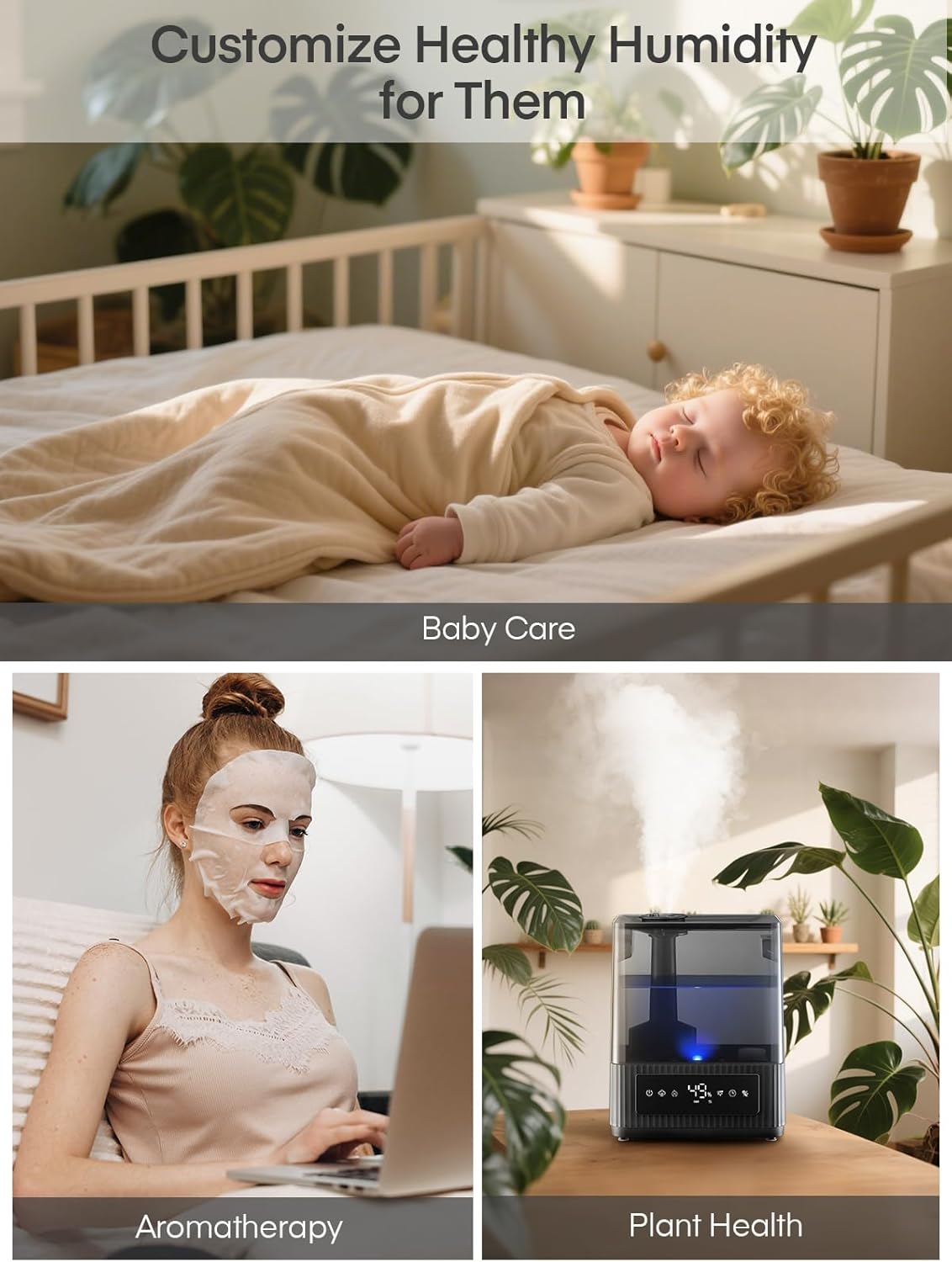 FOHERE Smart Humidifier for Bedroom, 6L Quiet Warm Cool Mist Humidifier with 60H Runtime, Aroma Diffuser, Sleep Mode, 12H Timer, Ultrasonic Top Fill Humidifiers for Home, Baby, Plants, Office