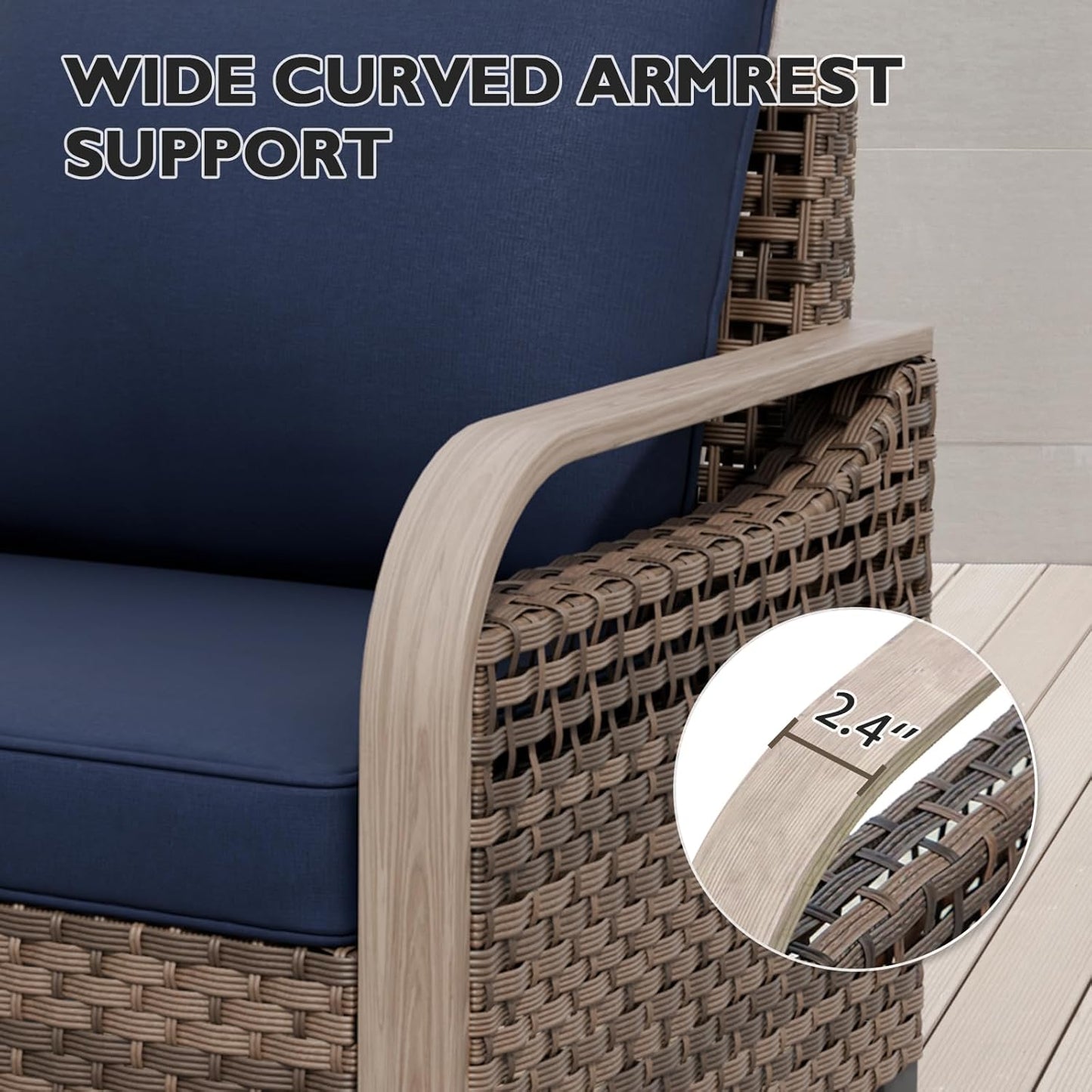 EAGLE PEAK Modern Wicker Outdoor Chair, Patio Chair Curved Armrest, Rattan Patio Furniture for Yard Deck Porch Garden, 1 Chair, Brown/Blue