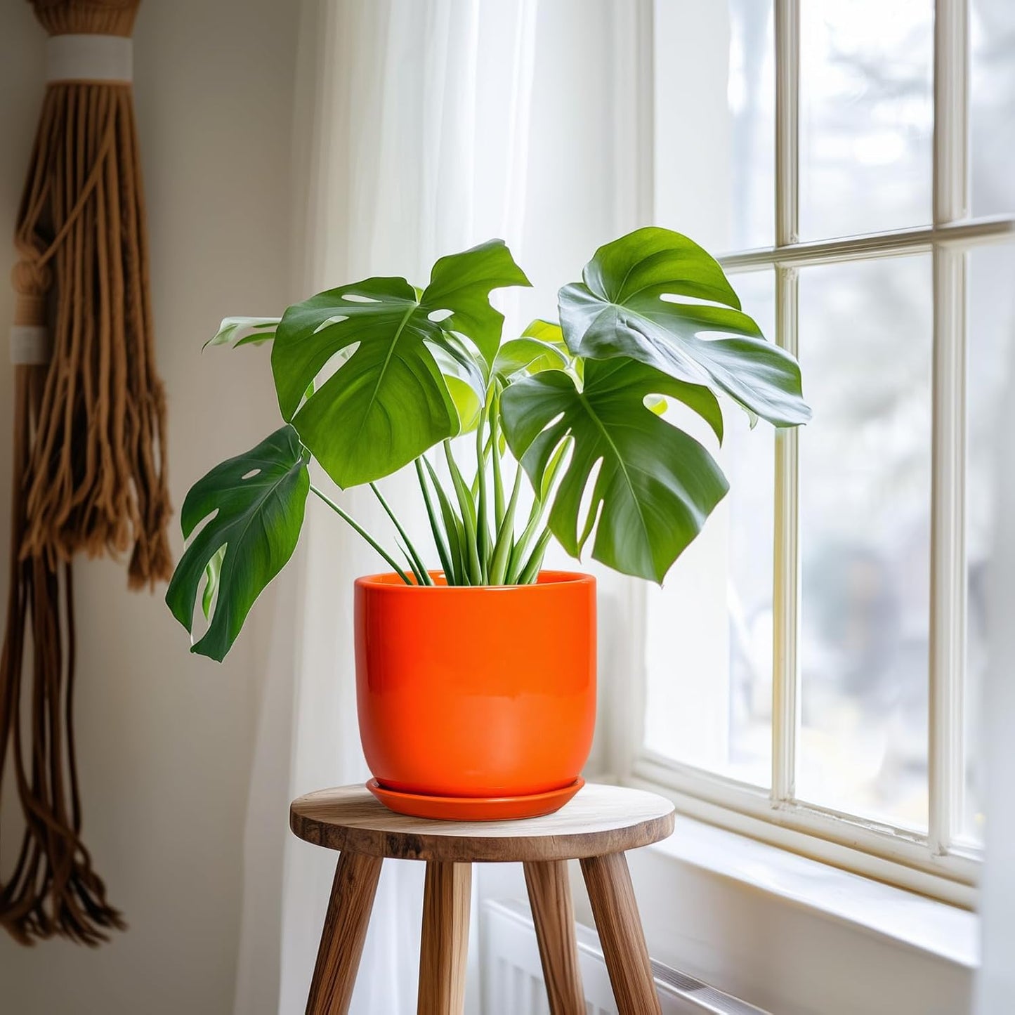 7 Inch Plant Pot - Ceramic Planter with Drainage Hole and Saucer, Modern Round Ceramic Flower Pot for Indoor Outdoor Plants, Plant Lover Gifts, Home Garden Office Decor, Orange
