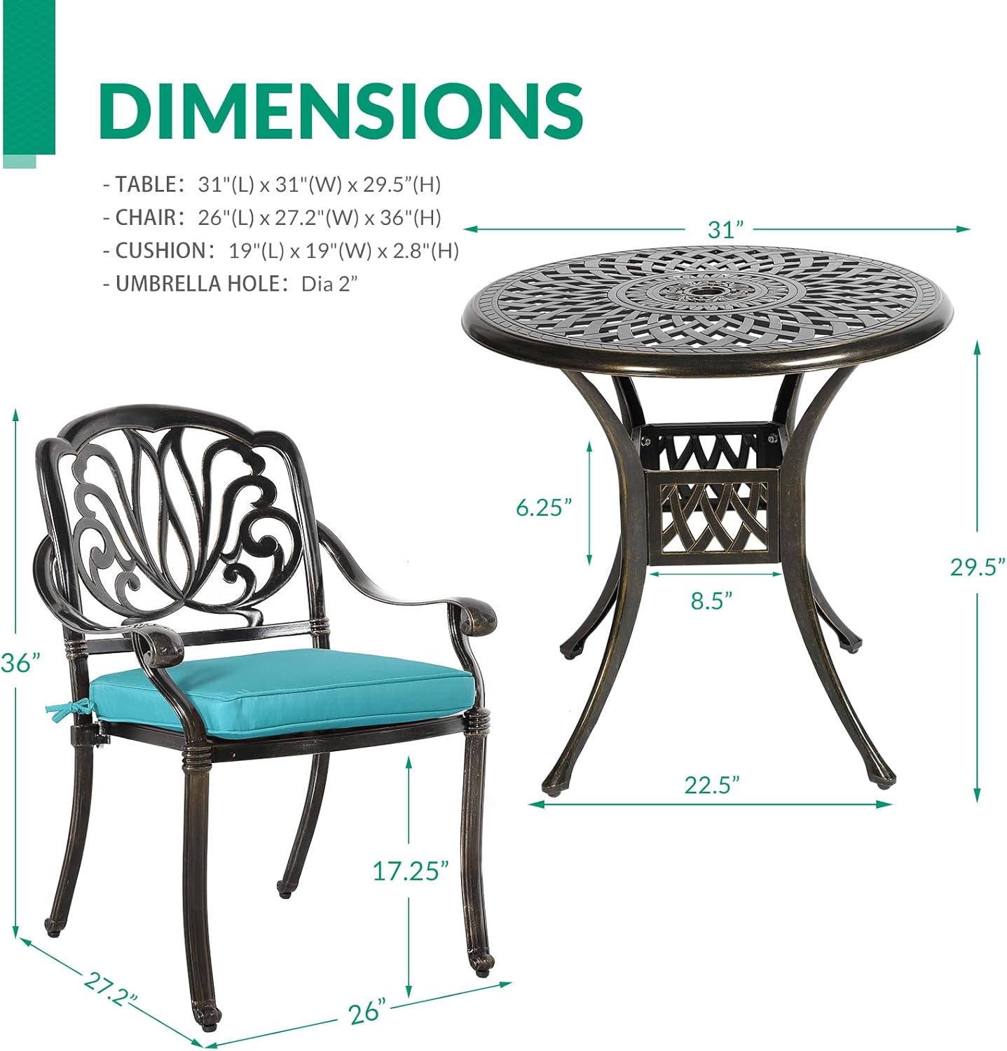 VIVIJASON 3-Piece Patio Furniture Dining Set, All-Weather Cast Aluminum Outdoor Bistro Set, Include 2 Chairs, 2 Cushions and 31" Round Table w/Umbrella Hole for Balcony, Backyard, Ocean Blue Cushion