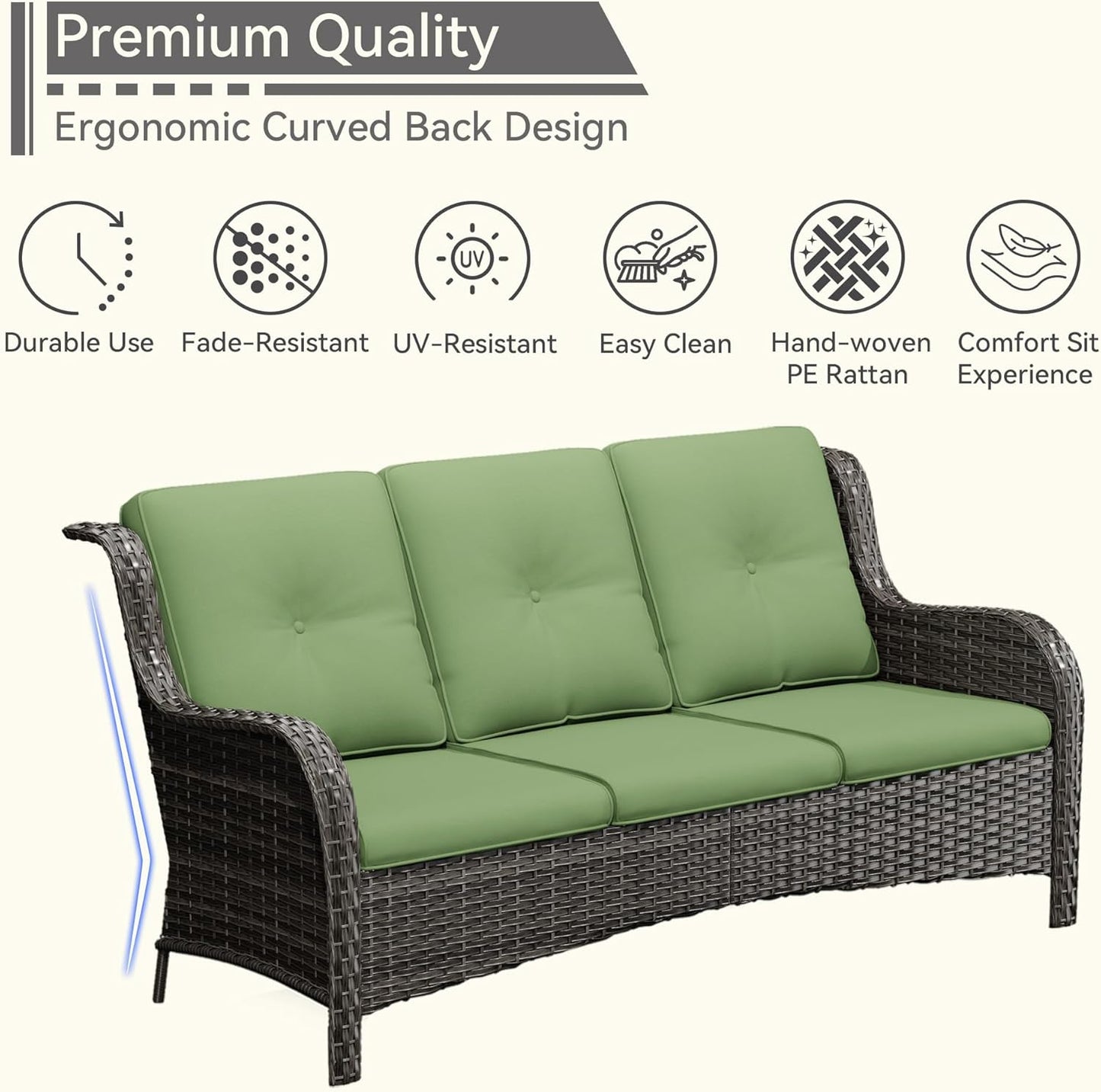 Wicker Patio Furniture Set 6 Piece, Outdoor Furniture Patio Conversation Set Includes 1 Three-Seat Sofa, 2 Swivel Rocker Chairs, 2 Ottomans and 1 Side Table,Green