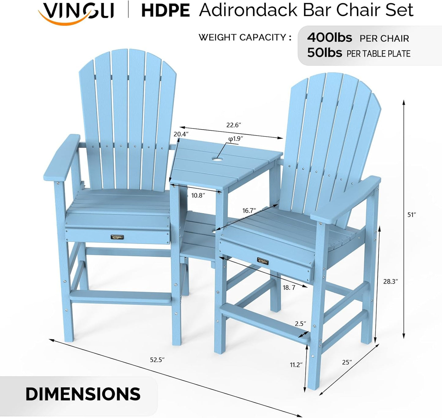 VINGLI Tall Adirondack Chairs Set of 2, HDPE Balcony Chair with Double Connecting Tray Weather Resistant Outdoor Bar Stools for Patio Deck Lawn Pool Backyard (Blue)