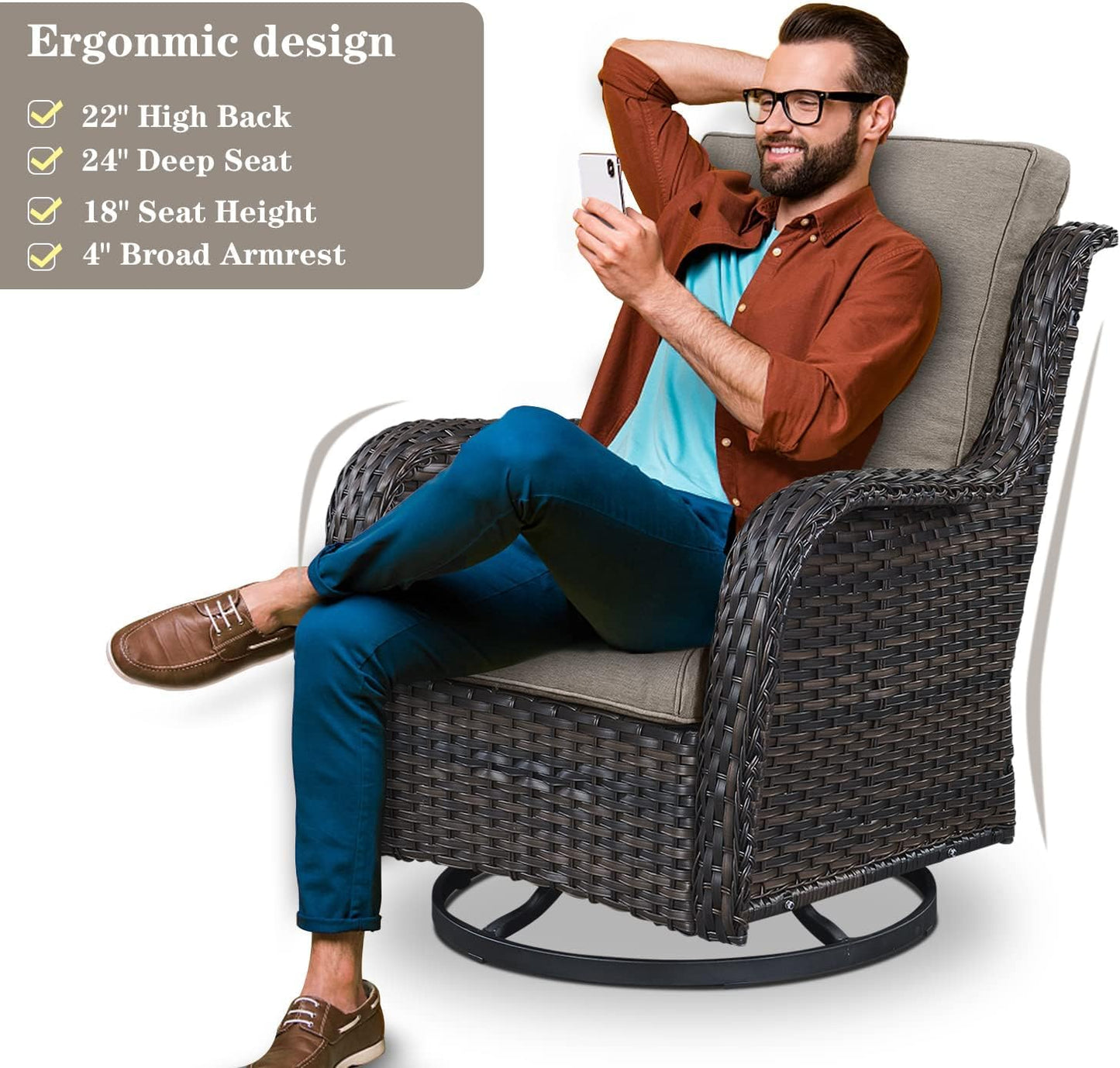 5 Piece Outdoor Patio Furniture Set - Outdoor Conversation Couch and Loveseat Glider Chair Furniture Set with Rattan Coffee Table for Deck Balcony Poolside Brown Wicker/Grey Cushions