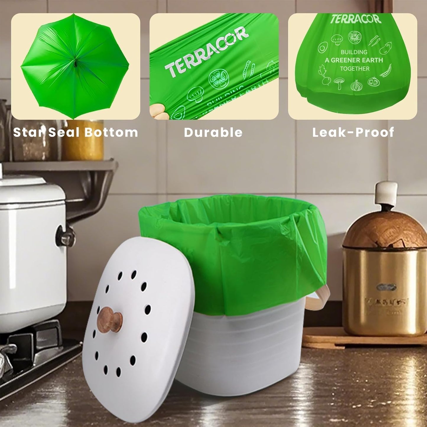 1.3 Gallon Compostable Trash Bags, 35 Bags Compost Bags for Countertop Bin, BPI Certified and Meet The ASTM D6400 Standard,Compostable Trash Bags in Dispenser Packs