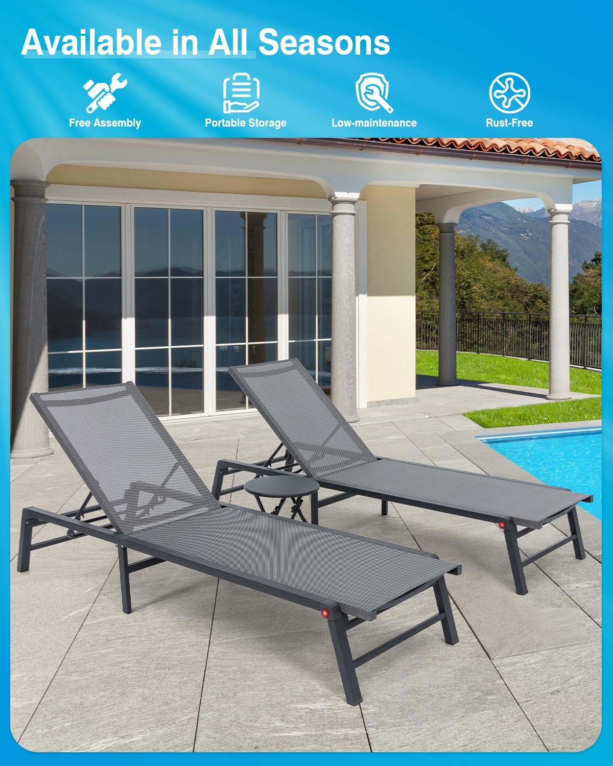 Aluminum Chaise Lounge Chair Outdoor, Foldable Patio Lounge Chair 2 Sets with Table Assemble-Free, Pool Lounge Chairs with 5 Adjustable Backrest, Outdoor Lounge Chairs for Outside Poolside Brown