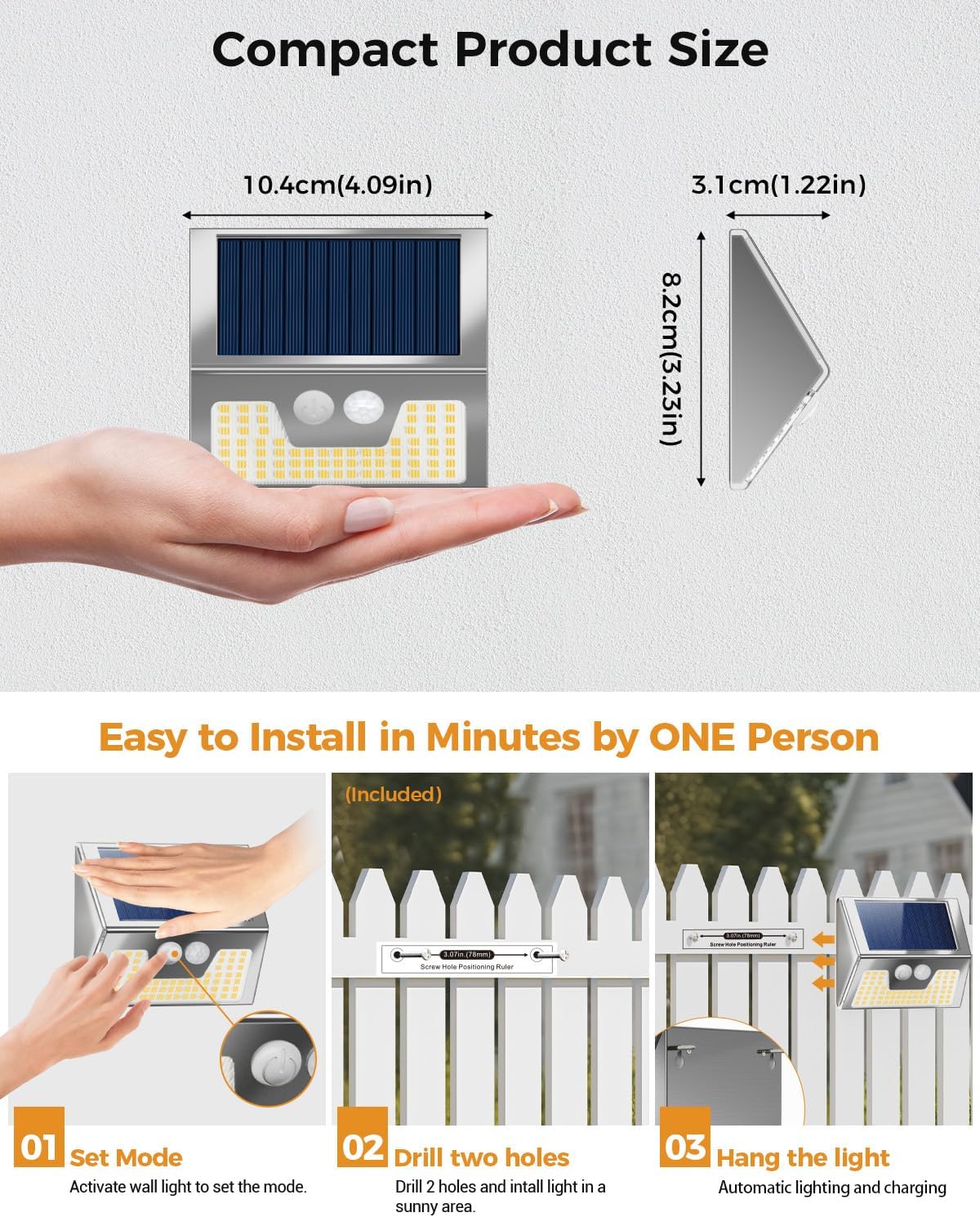 4 Pack Solar Lights Outdoor Motion Sensor, Waterproof Fence Lights 3 Lighting Mode, Warm White LED Outside Light Wireless for Fence Wall Yard Steps Stairs Garden -Stainless Steel