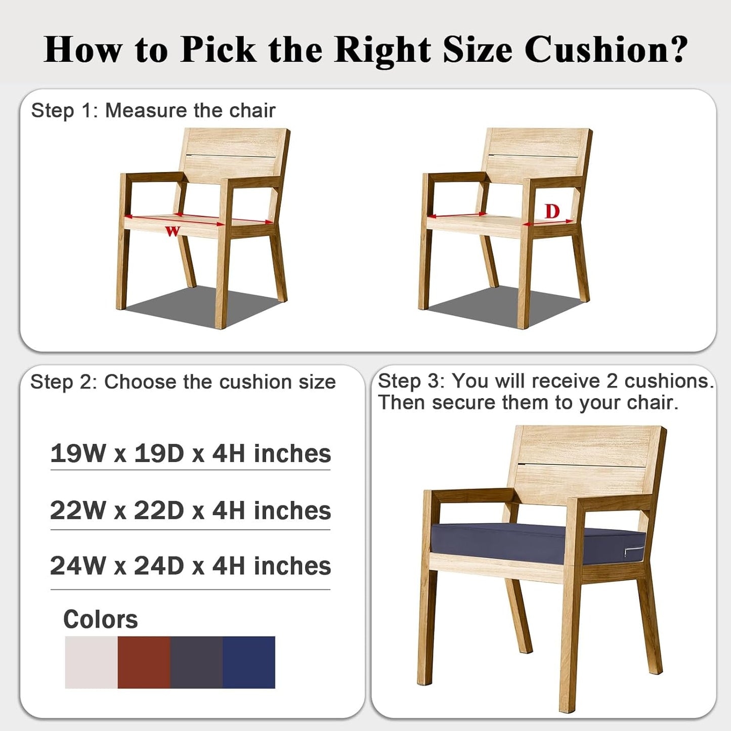 Outdoor Chair Cushions Set of 2 for Patio Furniture 24x24x4 Inch Waterproof Patio Chair Cushion 3 Year Color Fastness Square Elastic Foam Garden Sofa Couch Pads with Ties and Handle,Grey