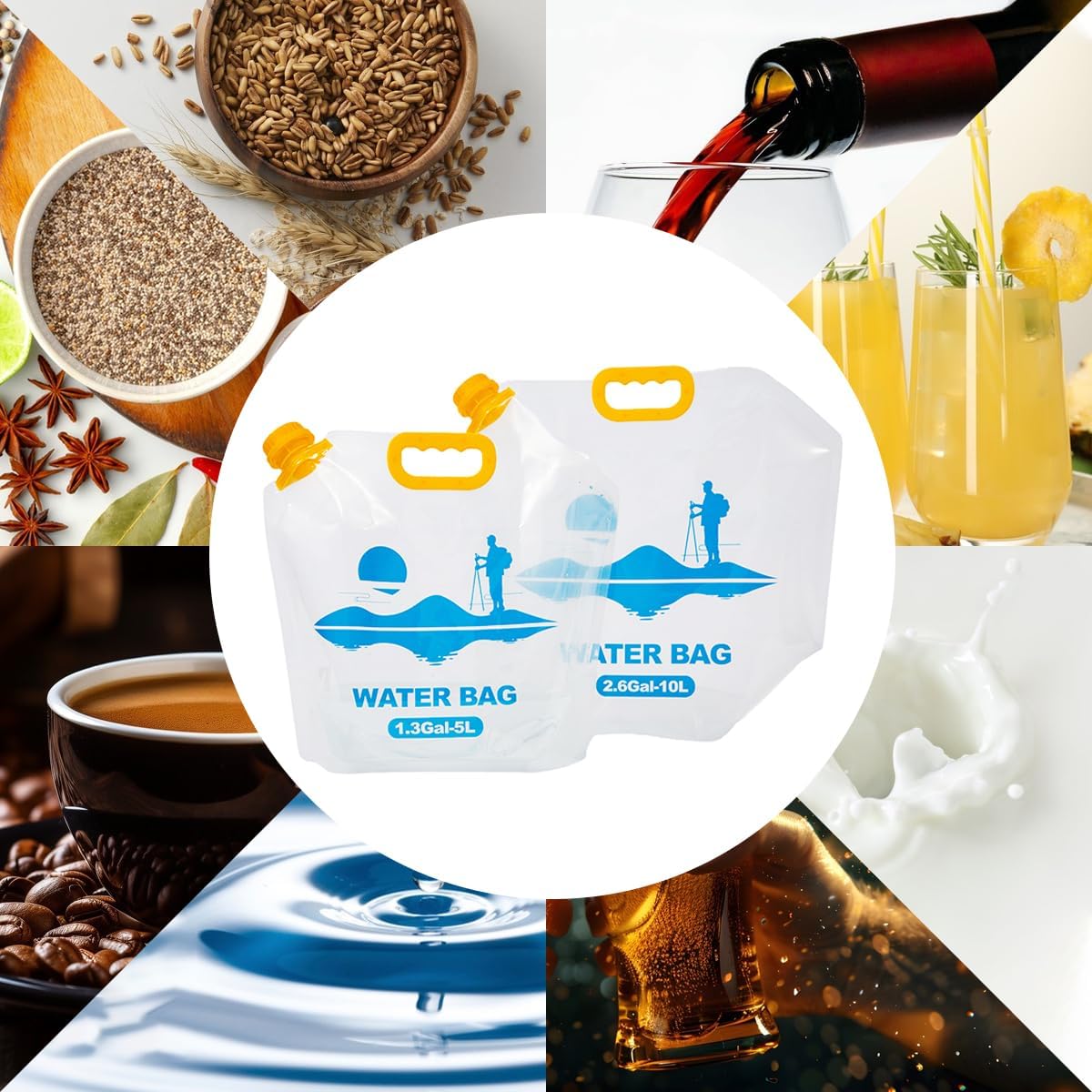 Collapsible Emergency Water Container Bag,WaterStorageCube,Flat Folding,BPA Free Food Grade,Clear Plastic Storage Jug for Camping Hiking Backpack,No-Leak Freezable,Water Bottle 1.3 Gallon/8pcs