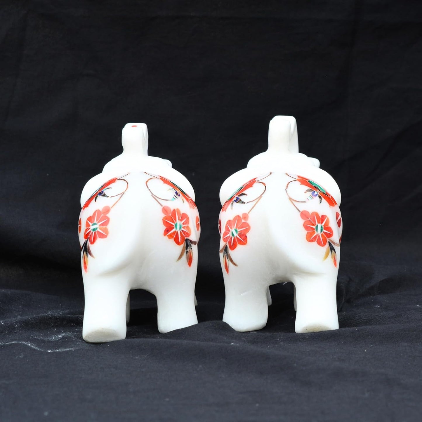 Marble Inlay Elephant Statue 4" Inch (2 Piece) Hakik Stone Inlay Work Semi Precious Stone - Hand Carved Artistic Sculpture Perfect for Home & Office Decor Elegant Decor for Any Space